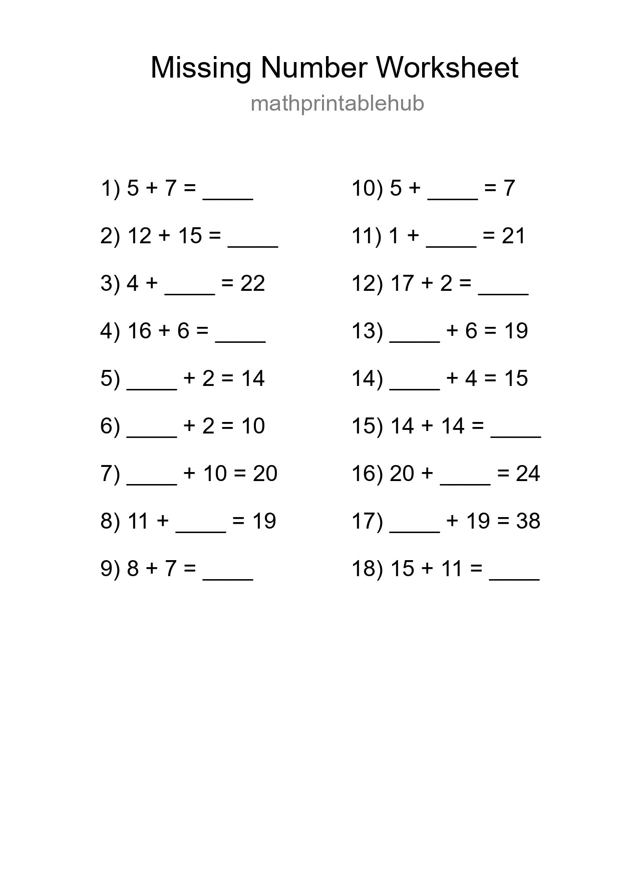 Missing Number Math Worksheet