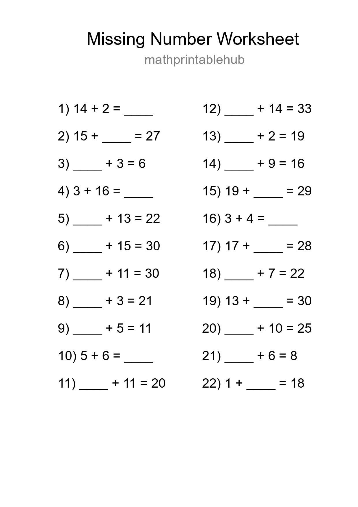 Printable Missing Number Worksheet for Grade 1