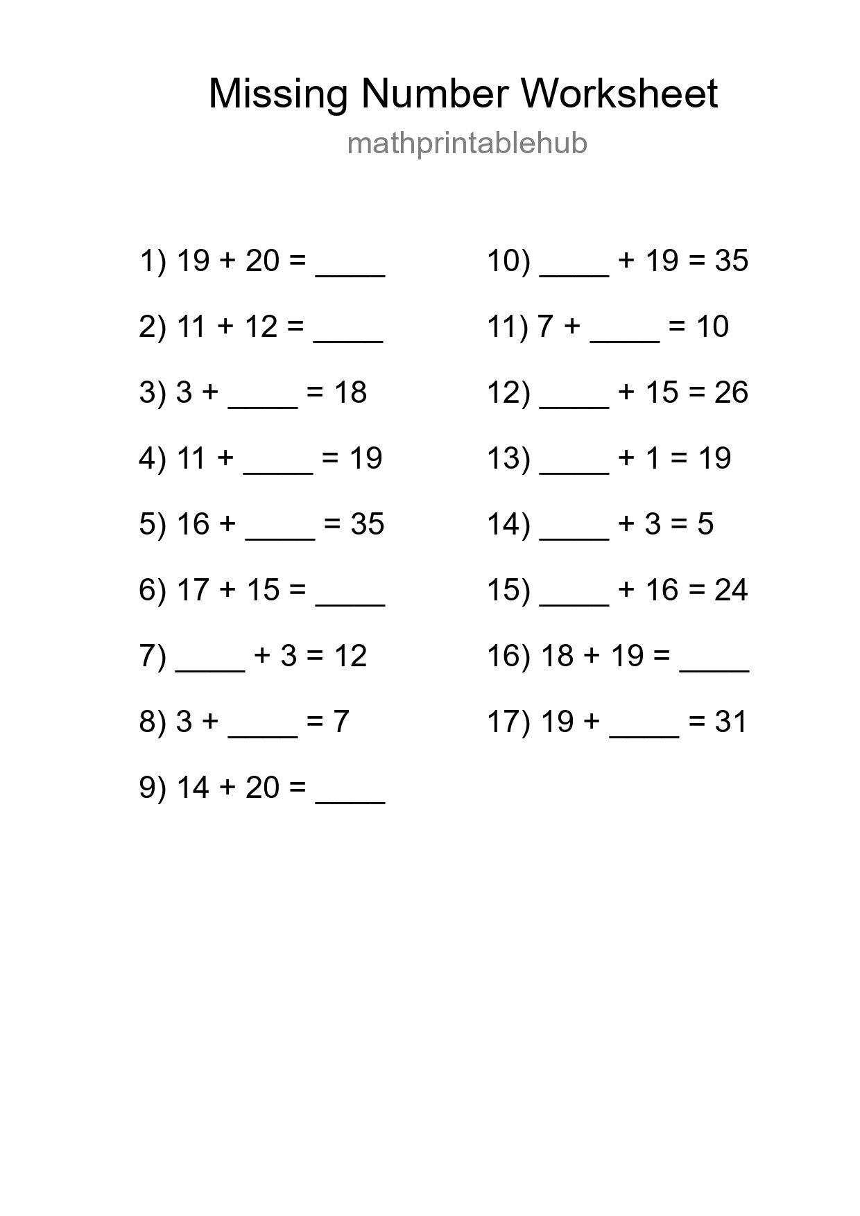 Printable Missing Number Worksheet for Grade 1