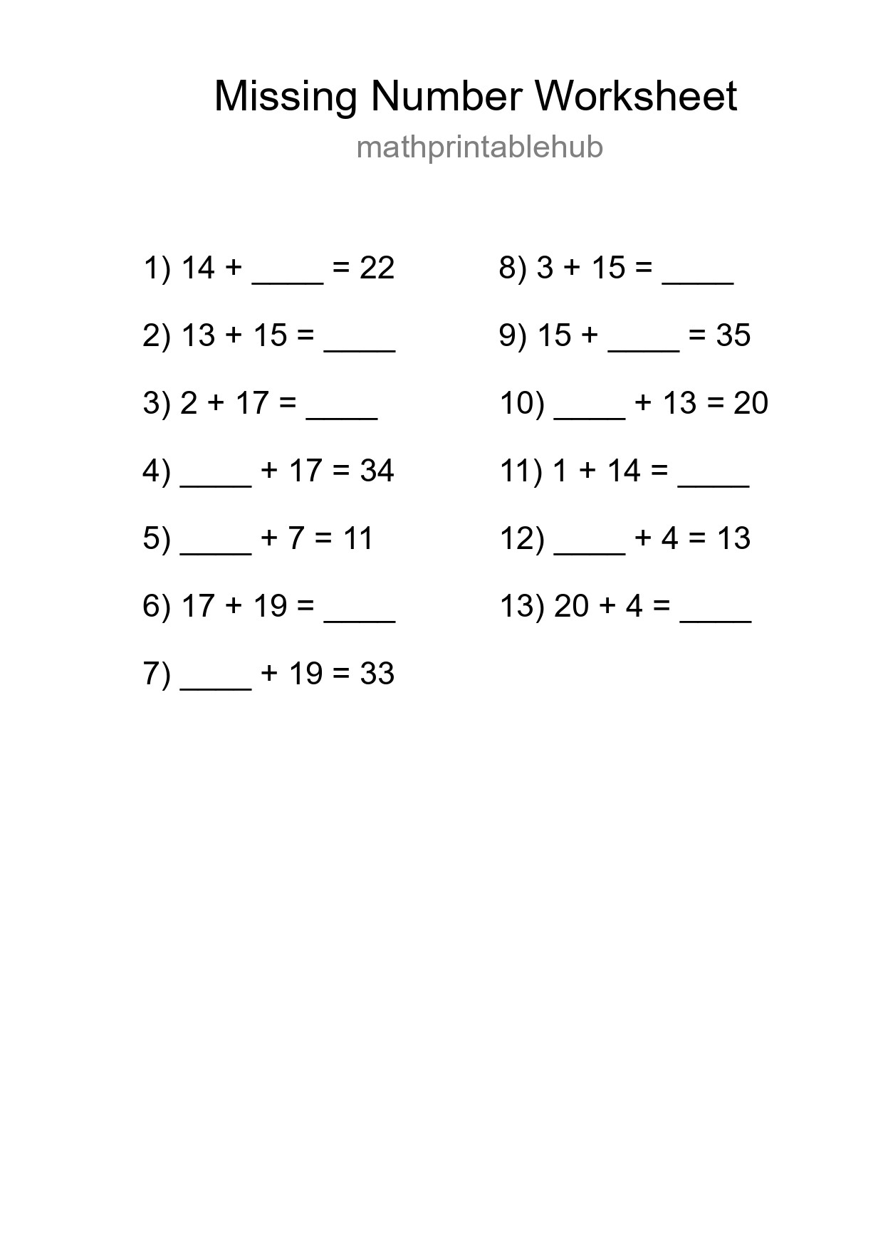Printable Missing Number Worksheet for Grade 1