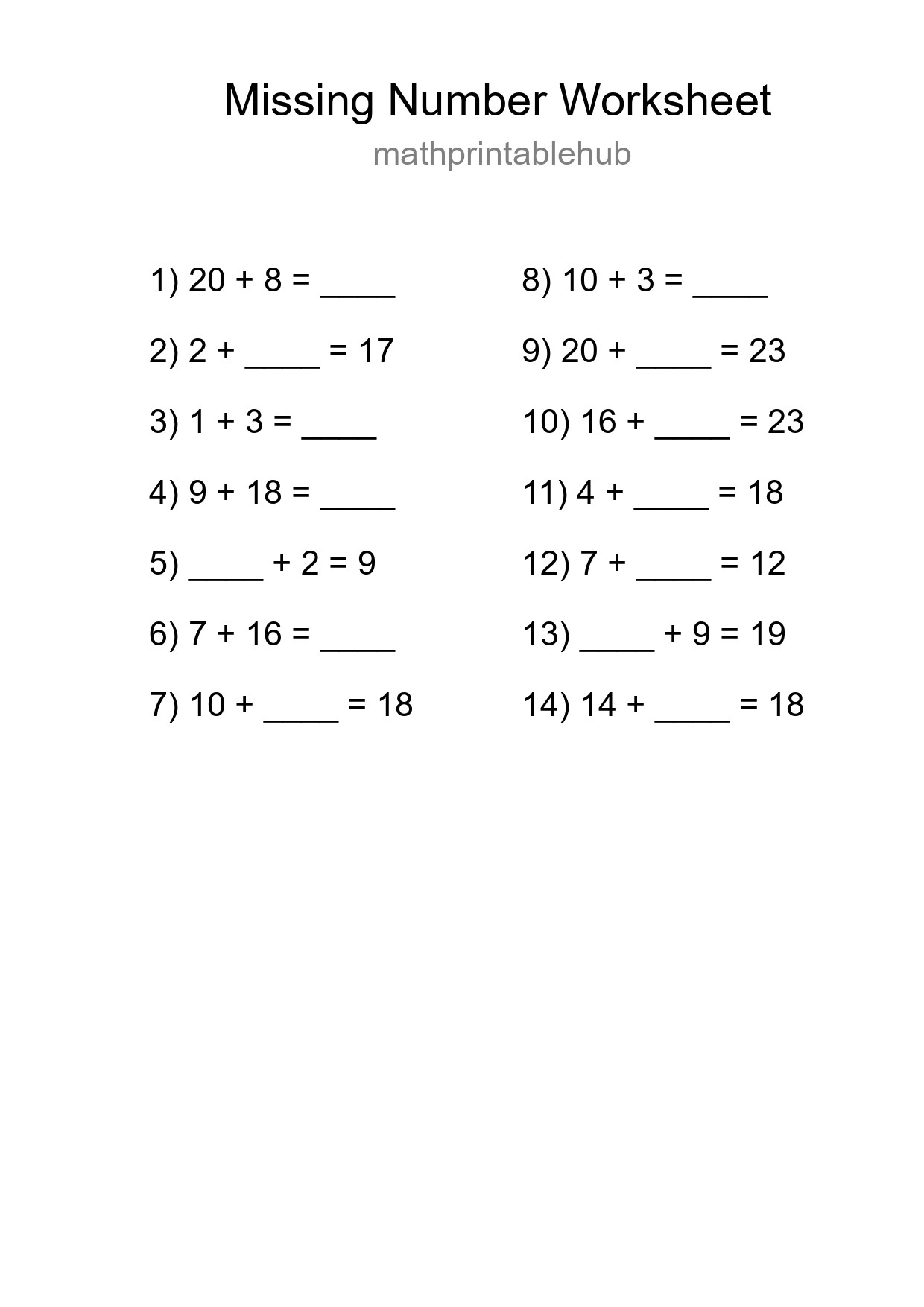 Missing Number Math Worksheet