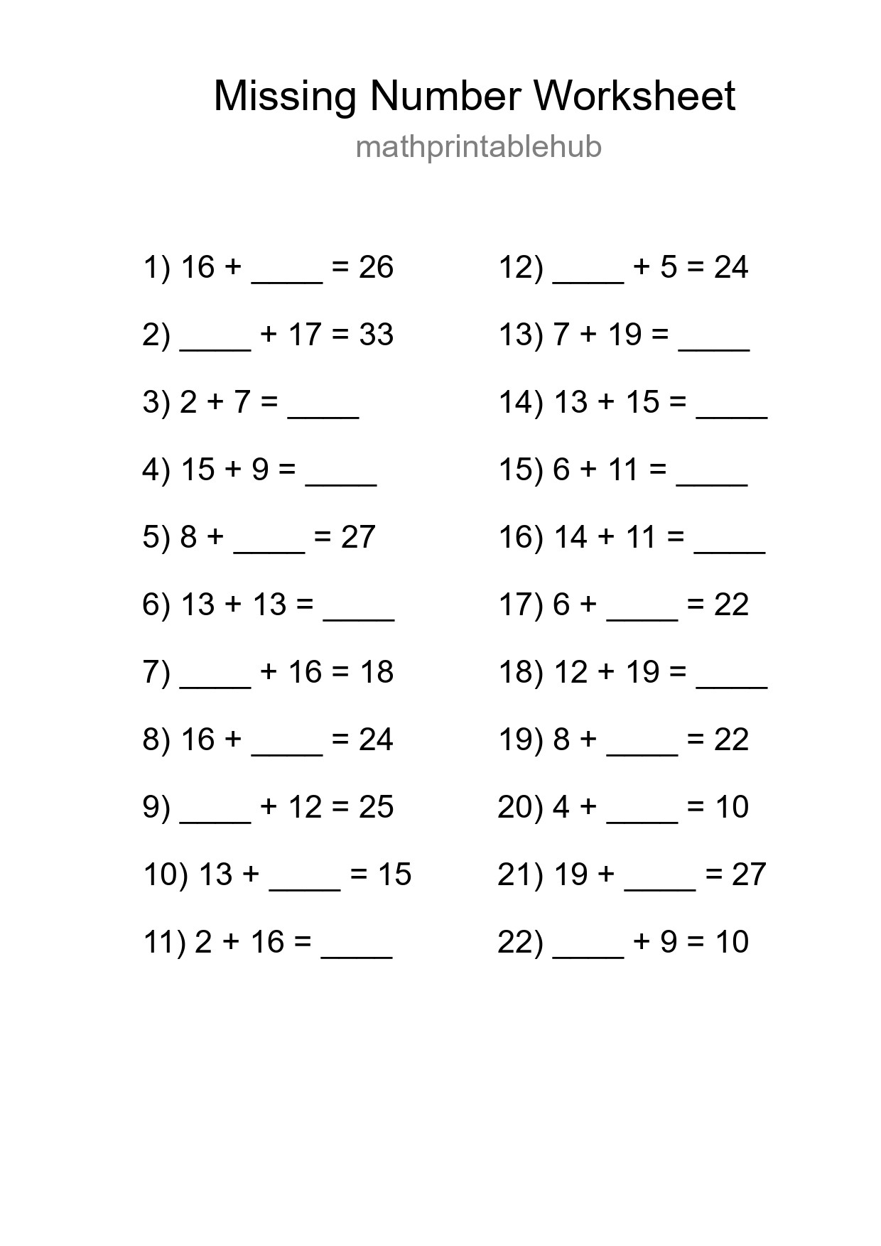 Printable Missing Number Worksheet for Grade 1