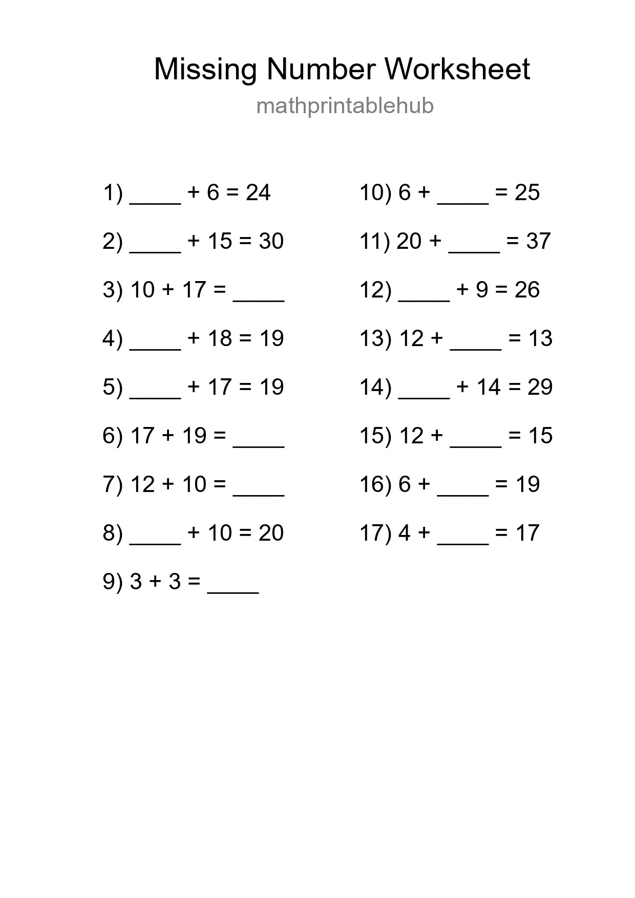 Printable Missing Number Worksheet for Grade 1