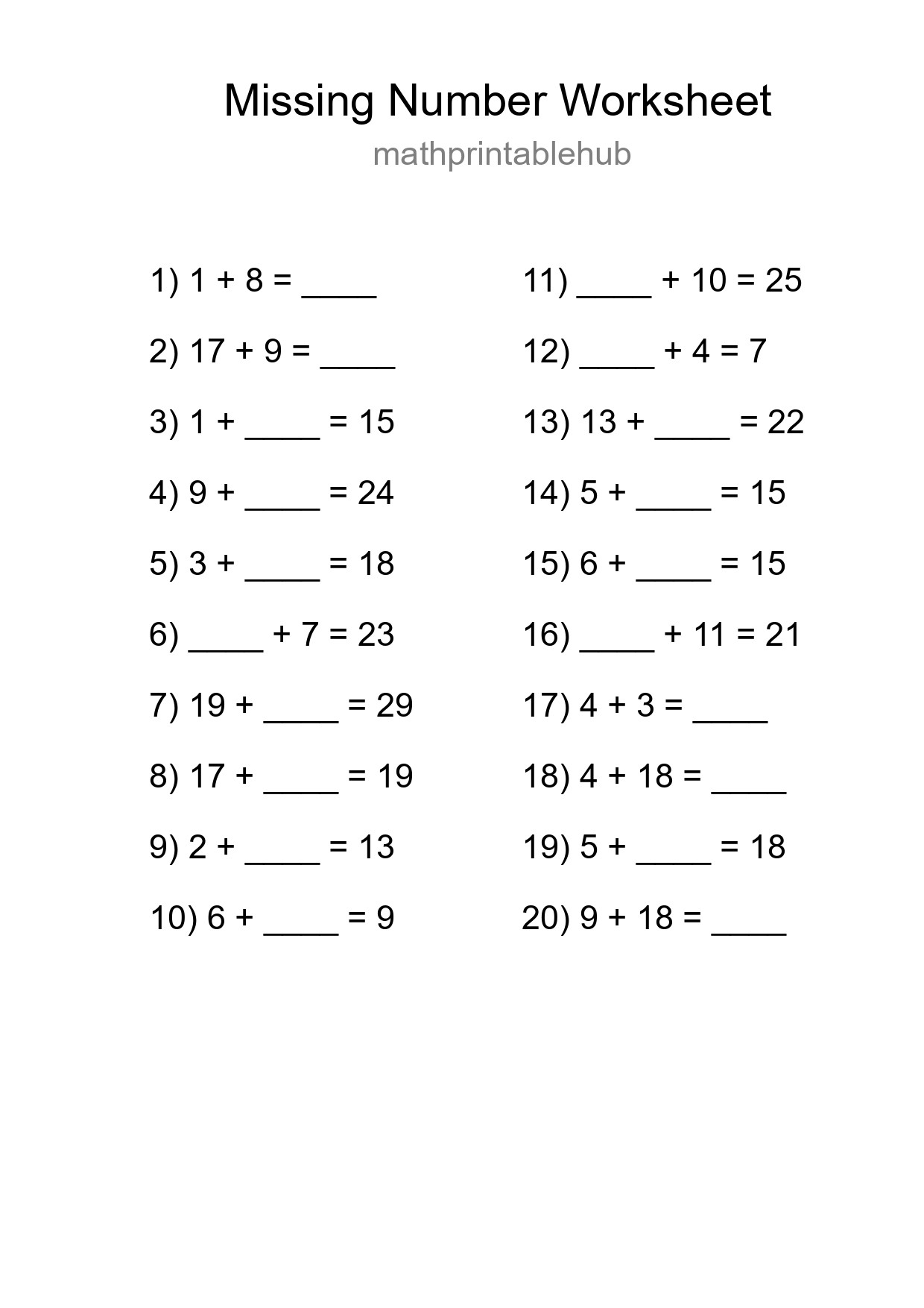Printable Missing Number Worksheet for Grade 1