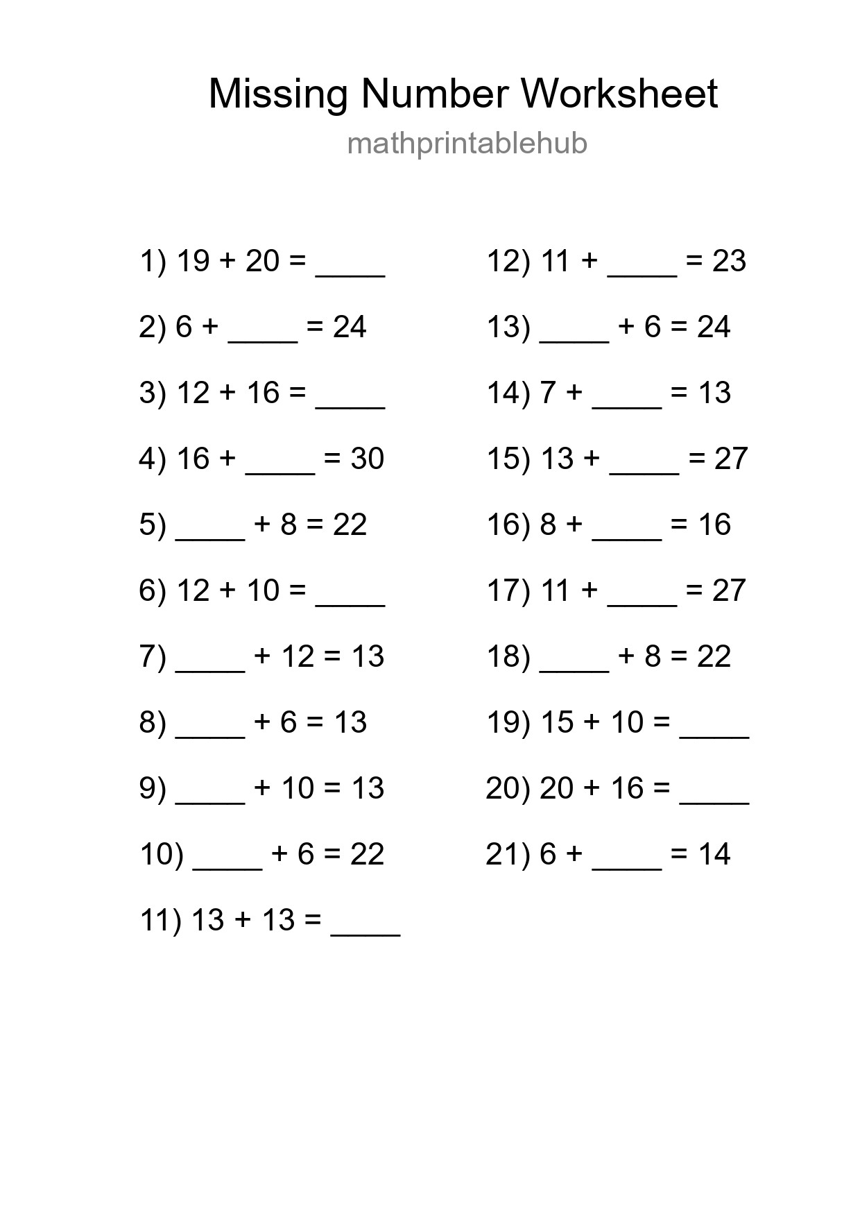 Printable Missing Number Worksheet for Grade 1
