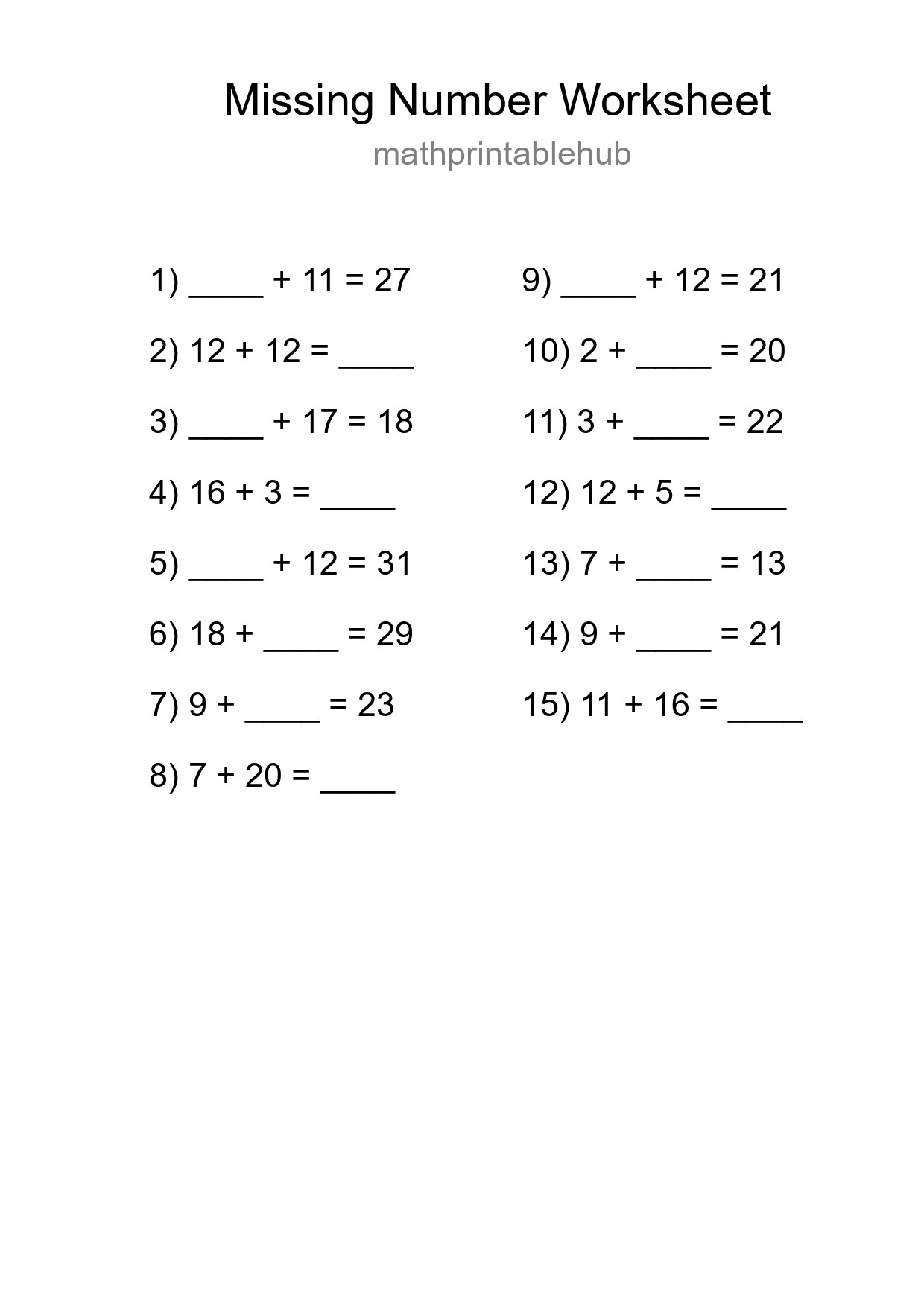 Missing Number Math Worksheet