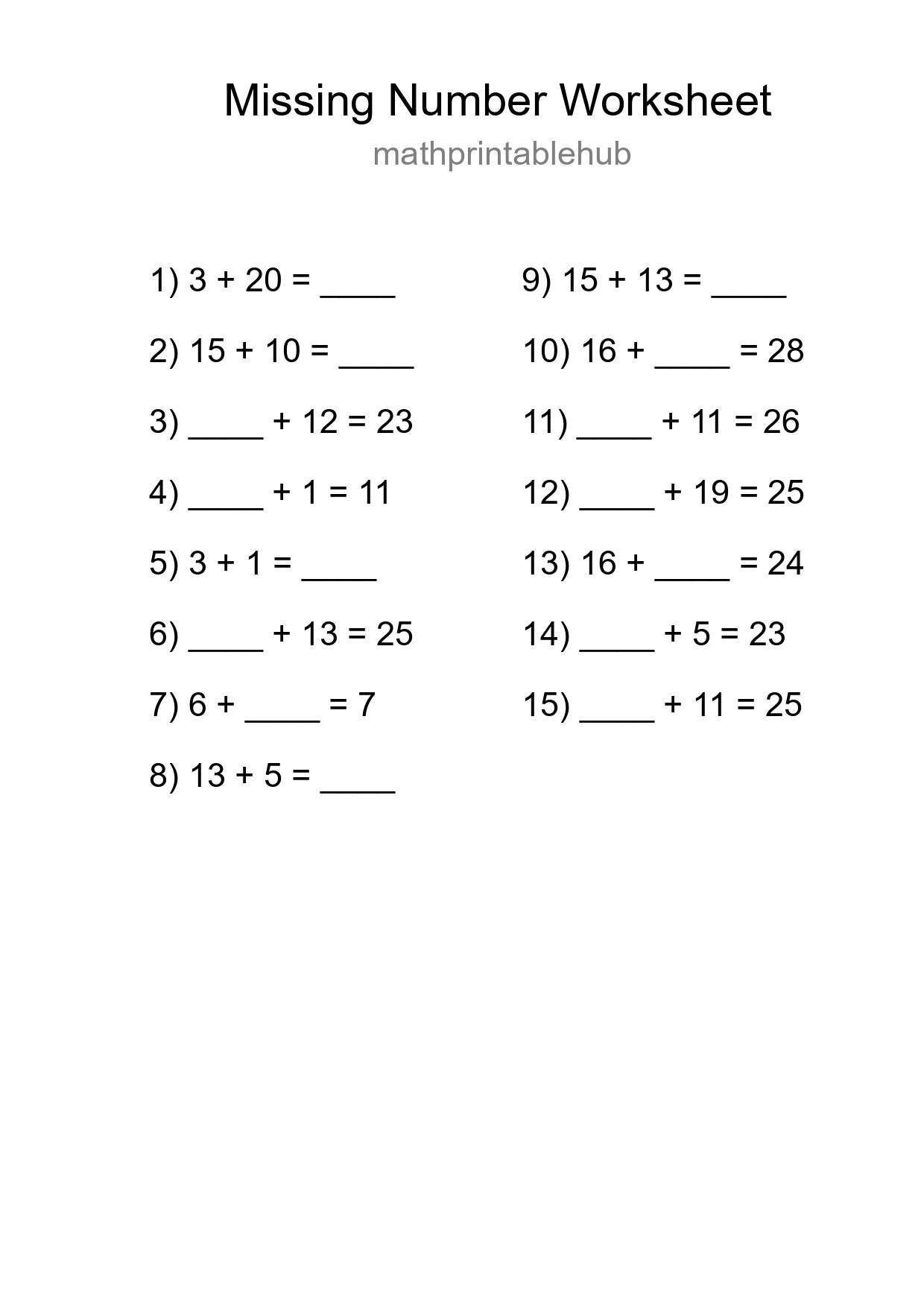 Missing Number Math Worksheet