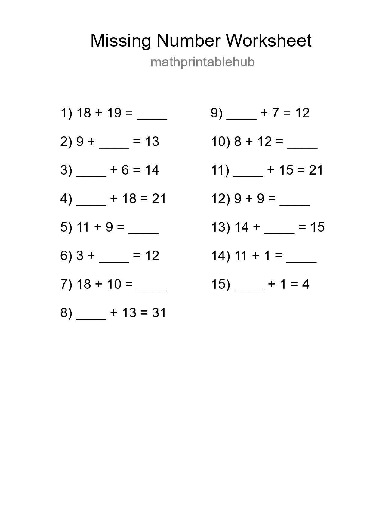Missing Number Math Worksheet
