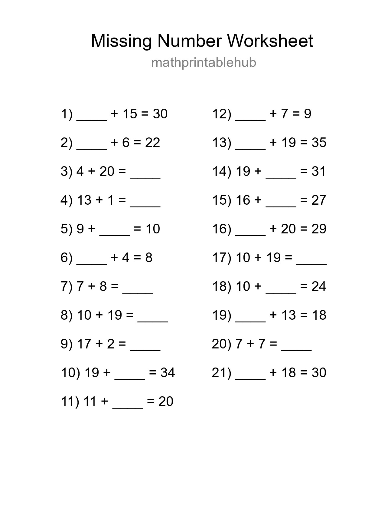 Missing Number Math Worksheet
