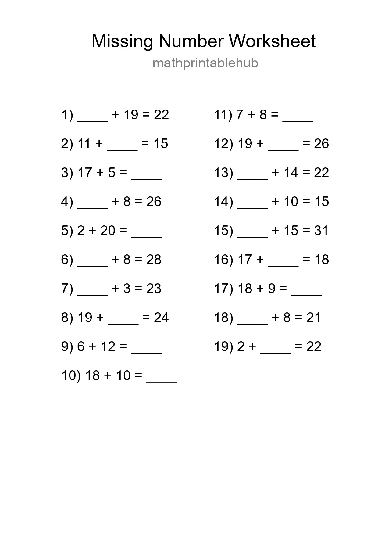 Printable Missing Number Worksheet for Grade 1