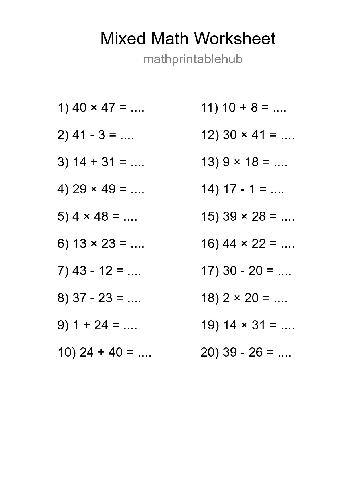 Printable Mixed Operations Worksheet for Grade 3