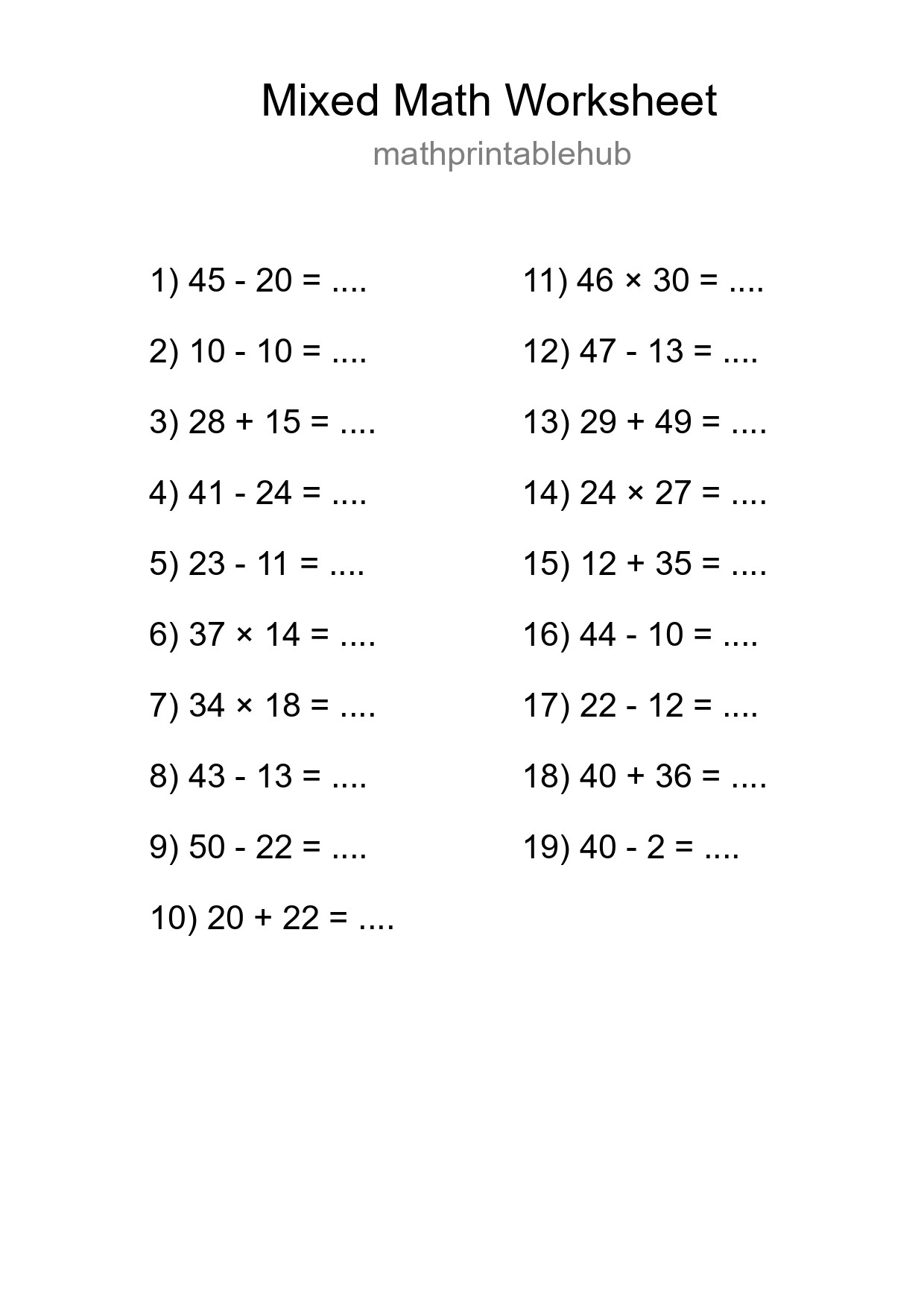 Printable Mixed Operations Worksheet for Grade 3