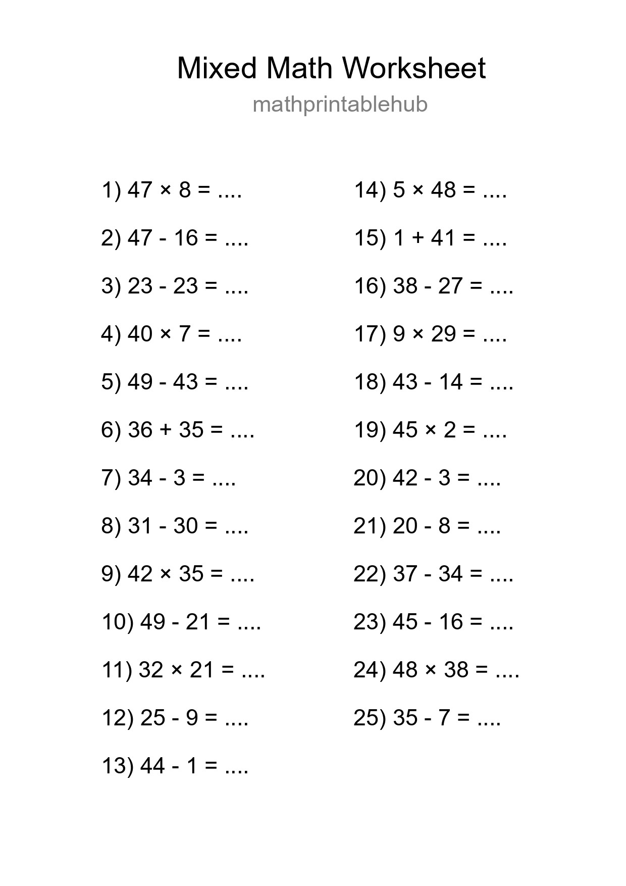 Printable Mixed Operations Worksheet for Grade 3
