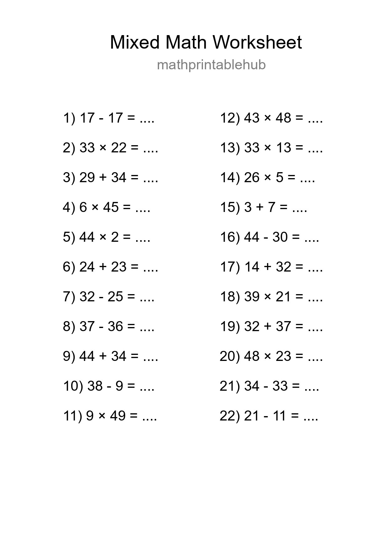 Printable Mixed Operations Worksheet for Grade 3