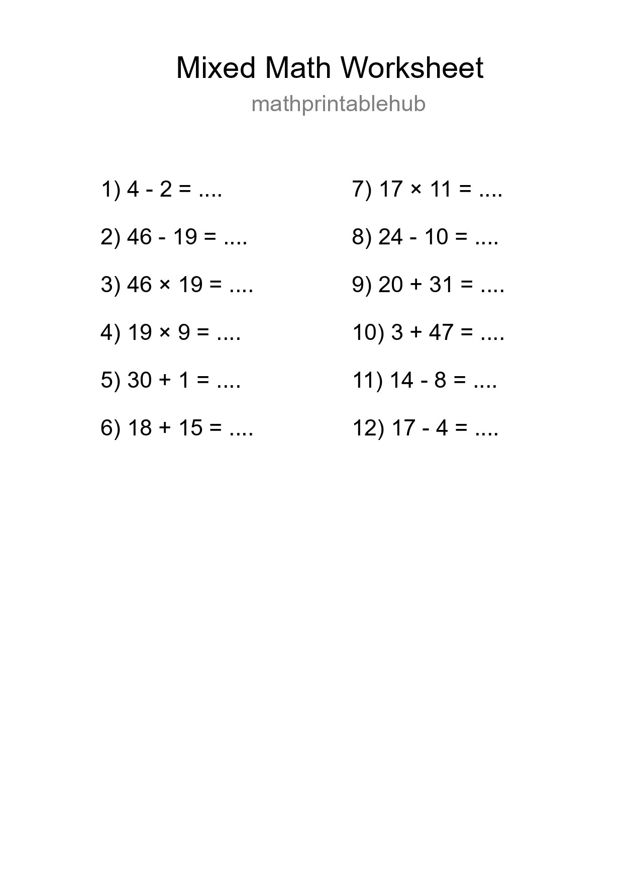 Printable Mixed Operations Worksheet for Grade 3