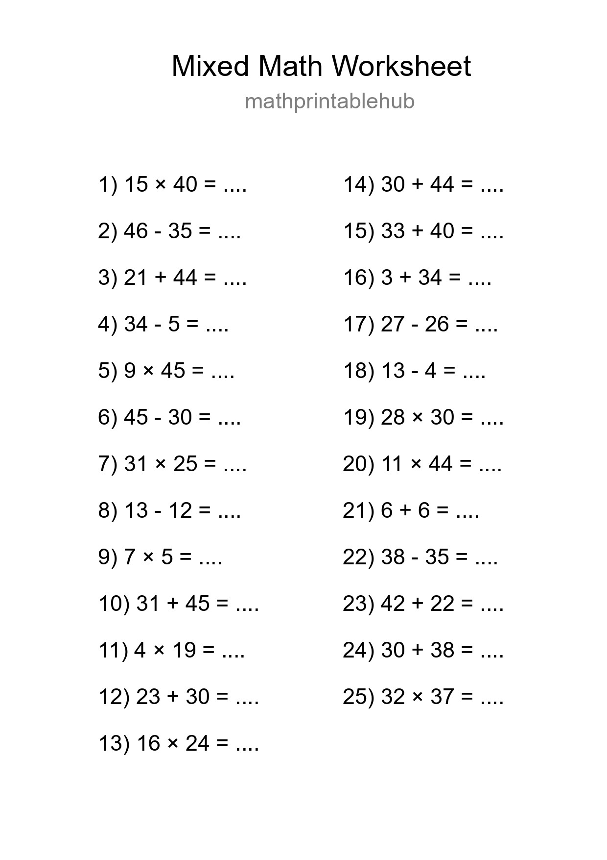 Printable Mixed Operations Worksheet for Grade 3