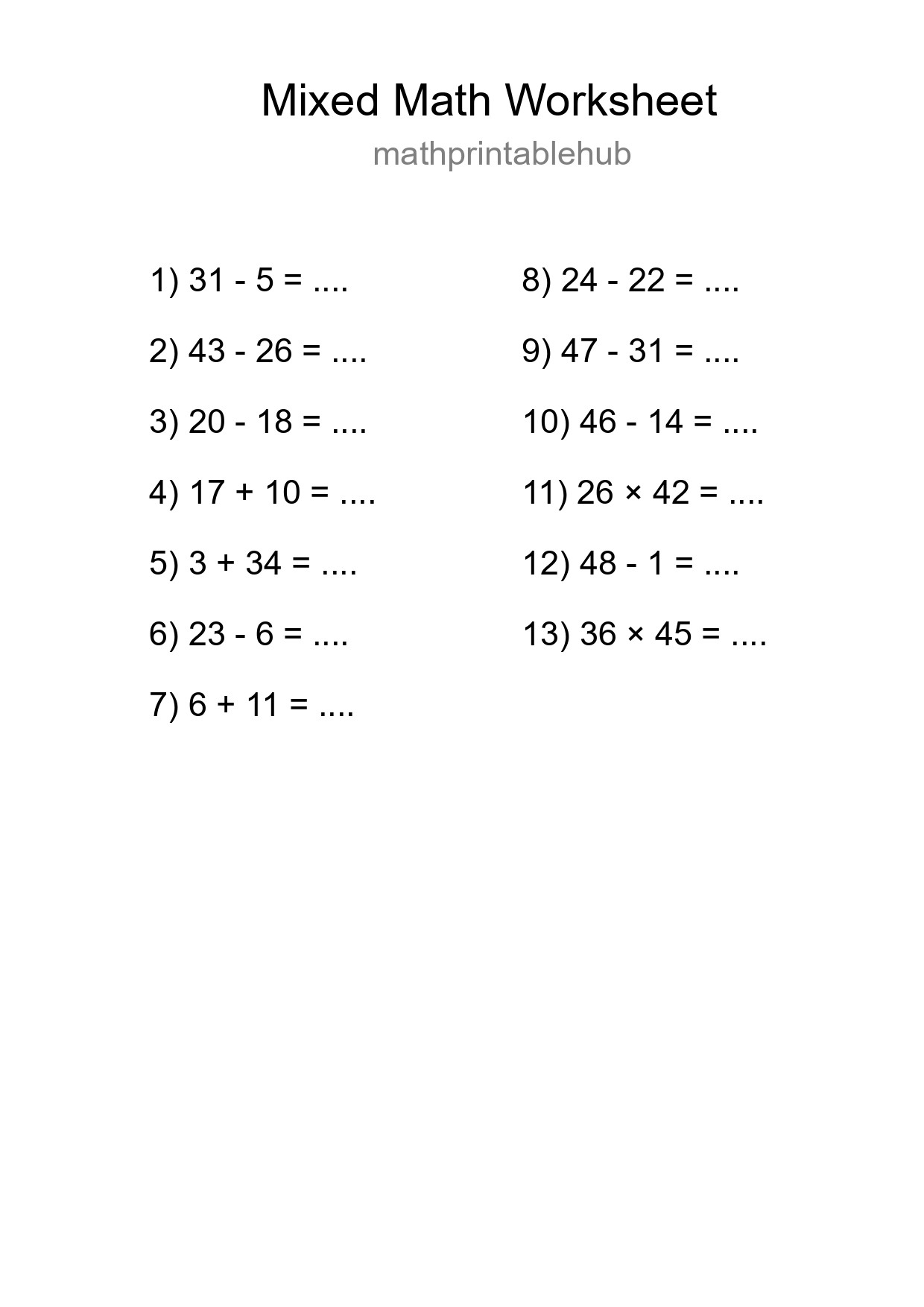 Printable Mixed Operations Worksheet for Grade 3