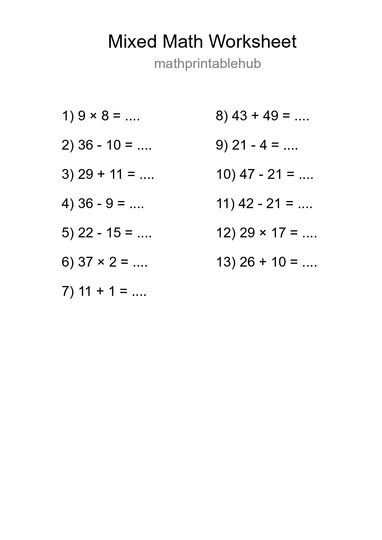 Printable Mixed Operations Worksheet for Grade 3