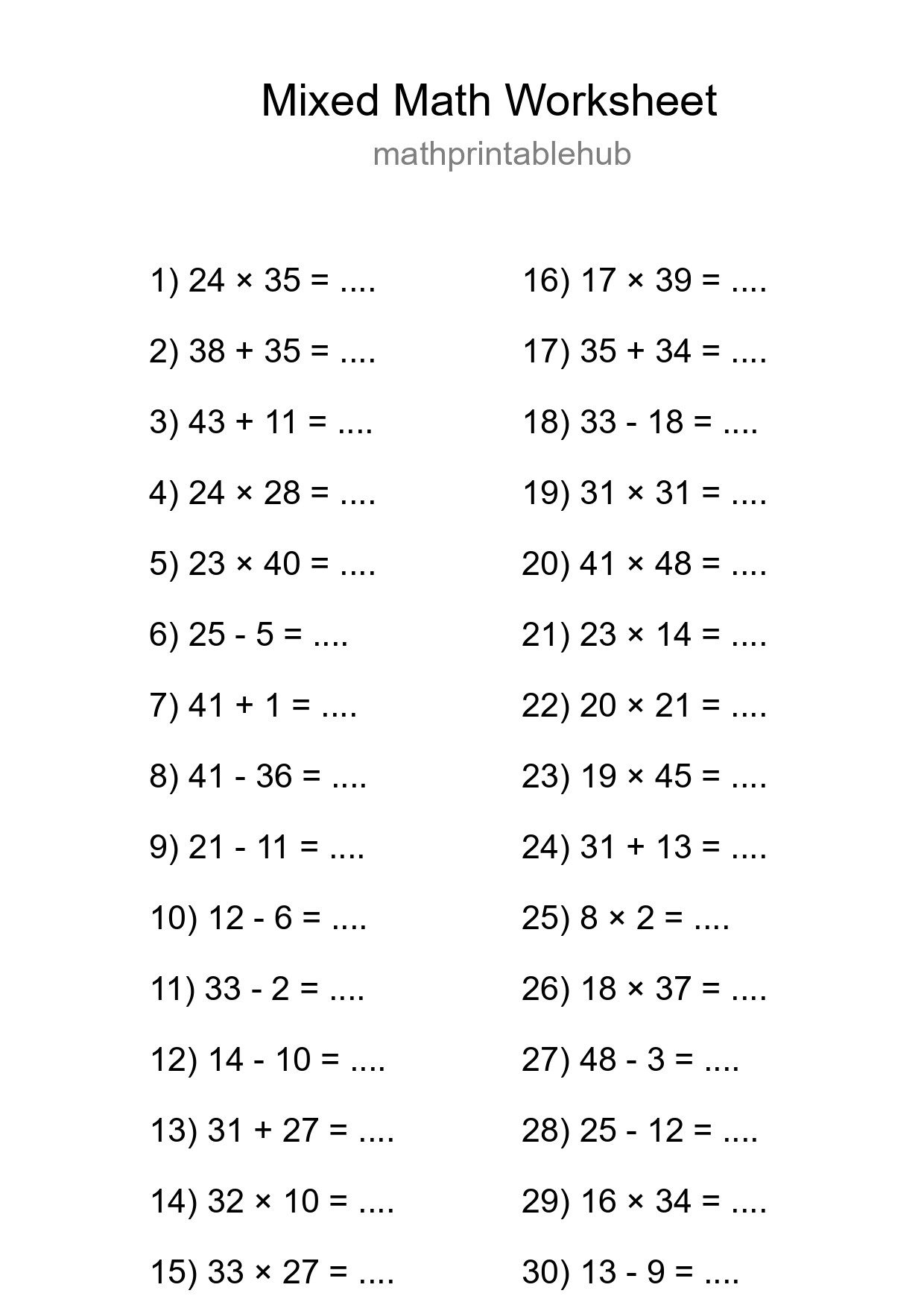 Mixed Operations Math Worksheet