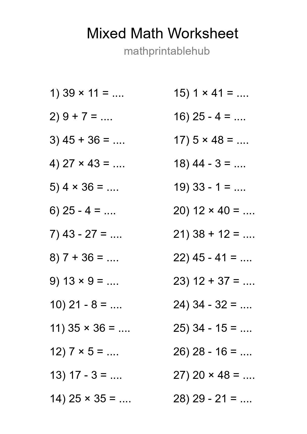 Mixed Operations Math Worksheet