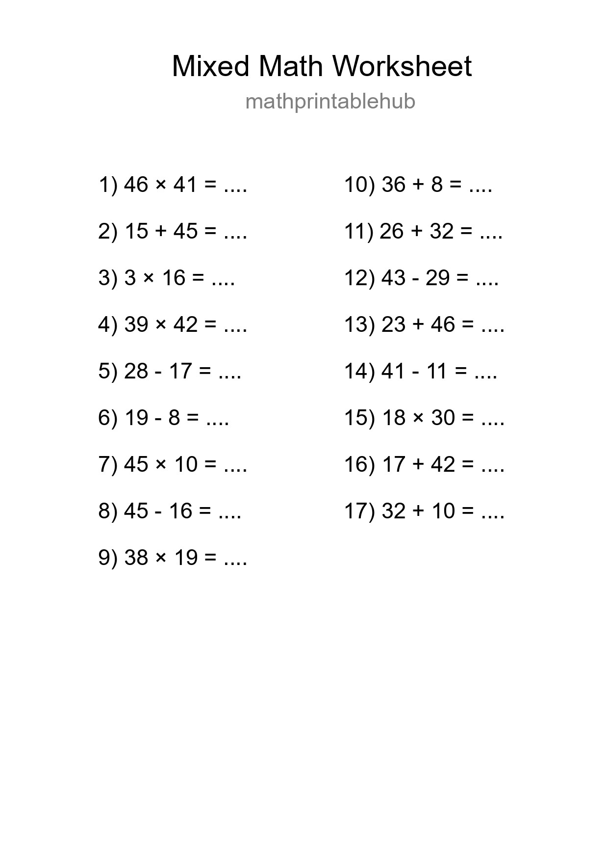 Printable Mixed Operations Worksheet for Grade 3