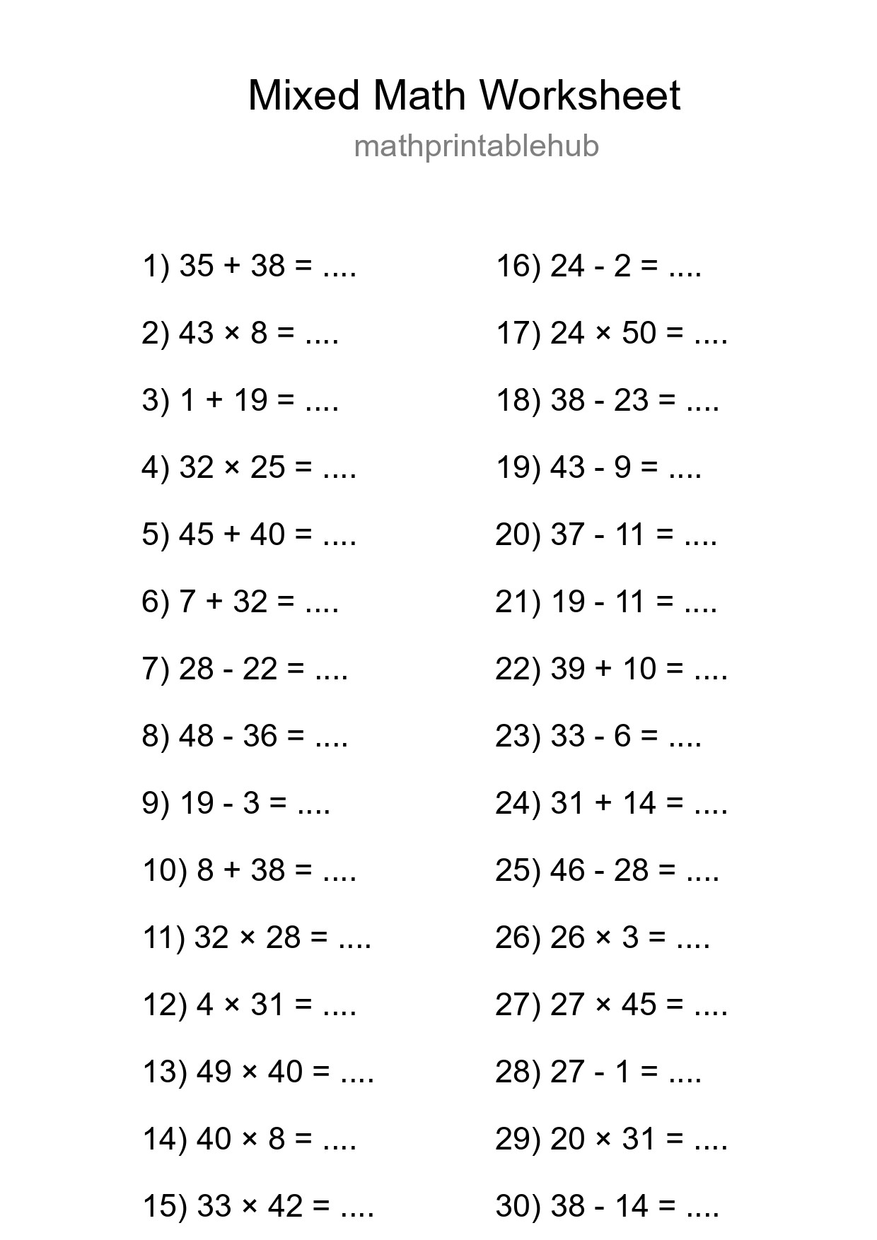 Printable Mixed Operations Worksheet for Grade 3