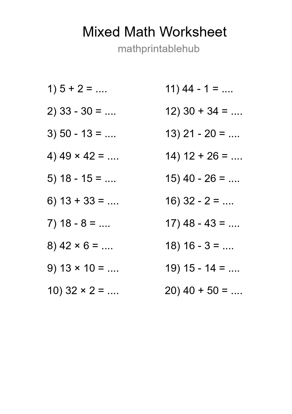 Mixed Operations Math Worksheet