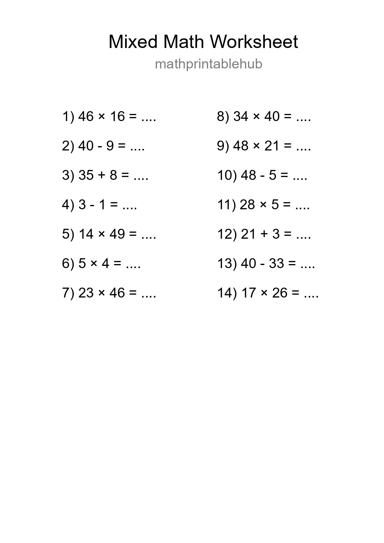 Mixed Operations Math Worksheet
