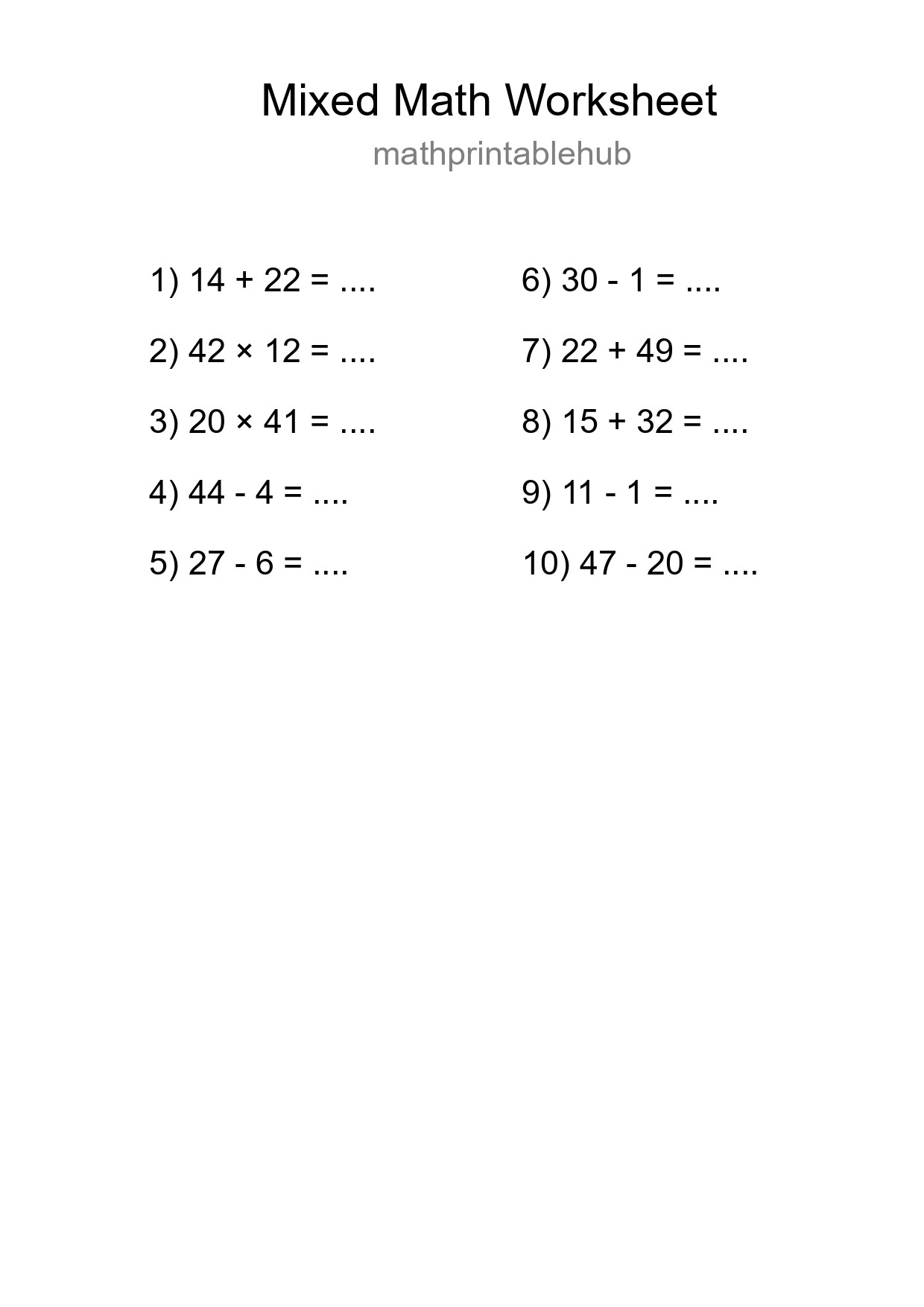 Printable Mixed Operations Worksheet for Grade 3