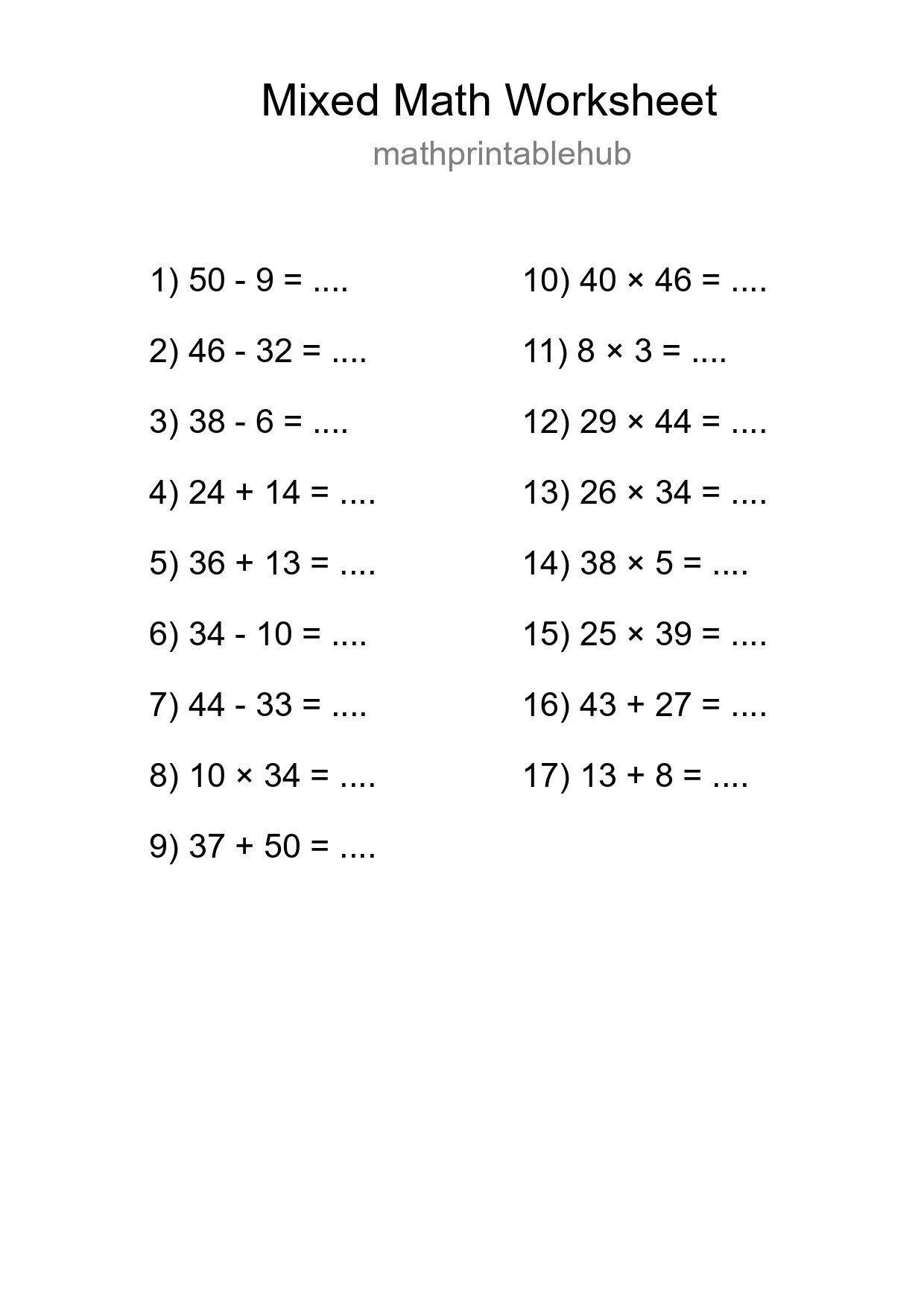 Printable Mixed Operations Worksheet for Grade 3