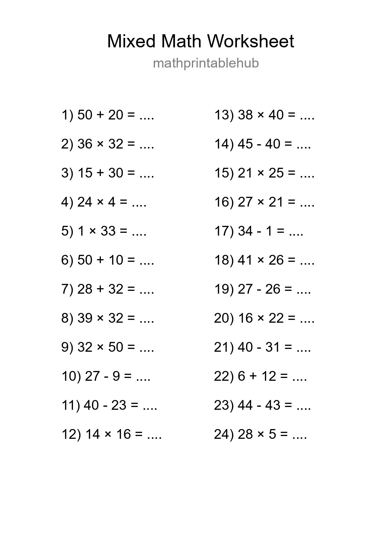 Mixed Operations Math Worksheet