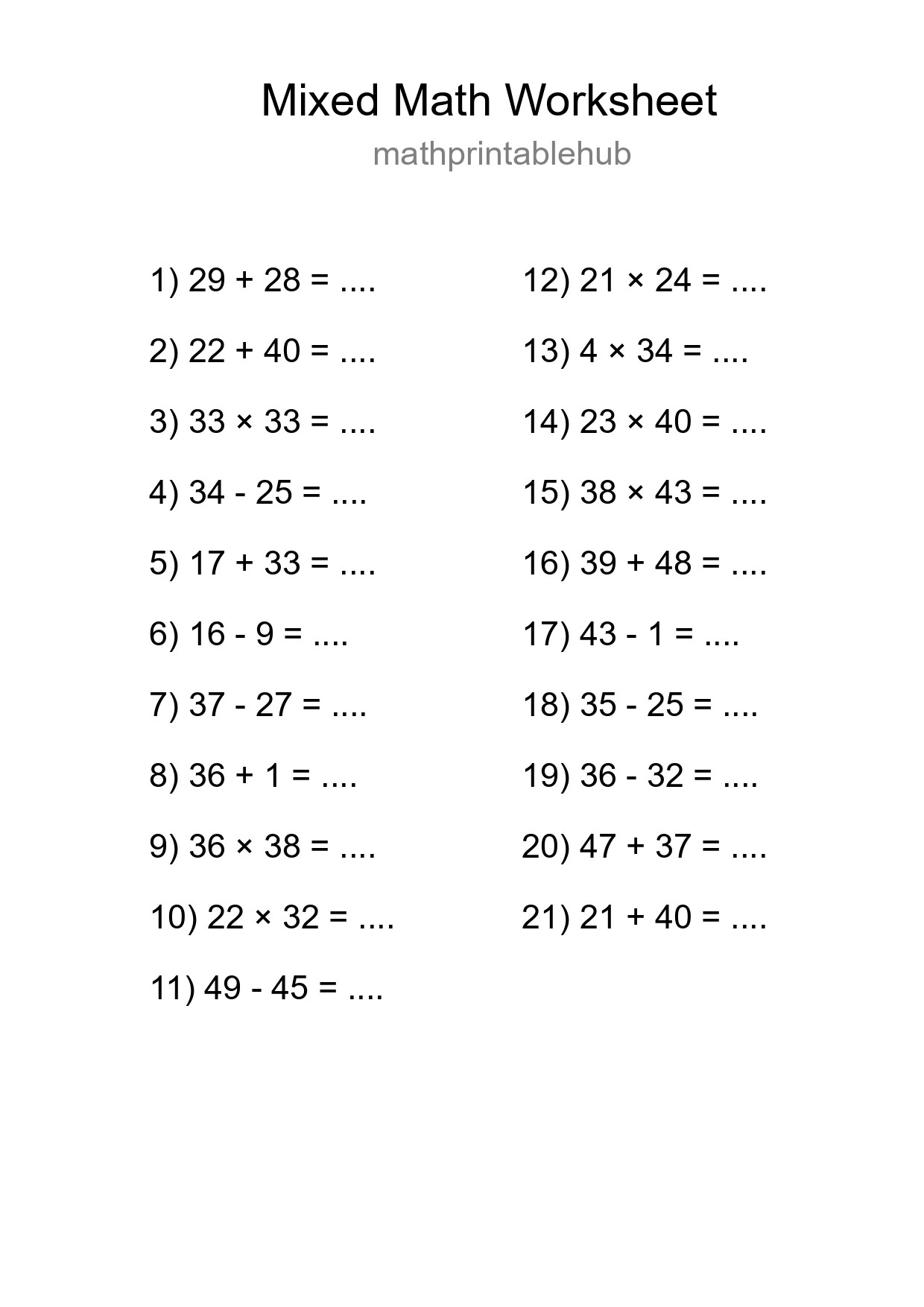 Mixed Operations Math Worksheet