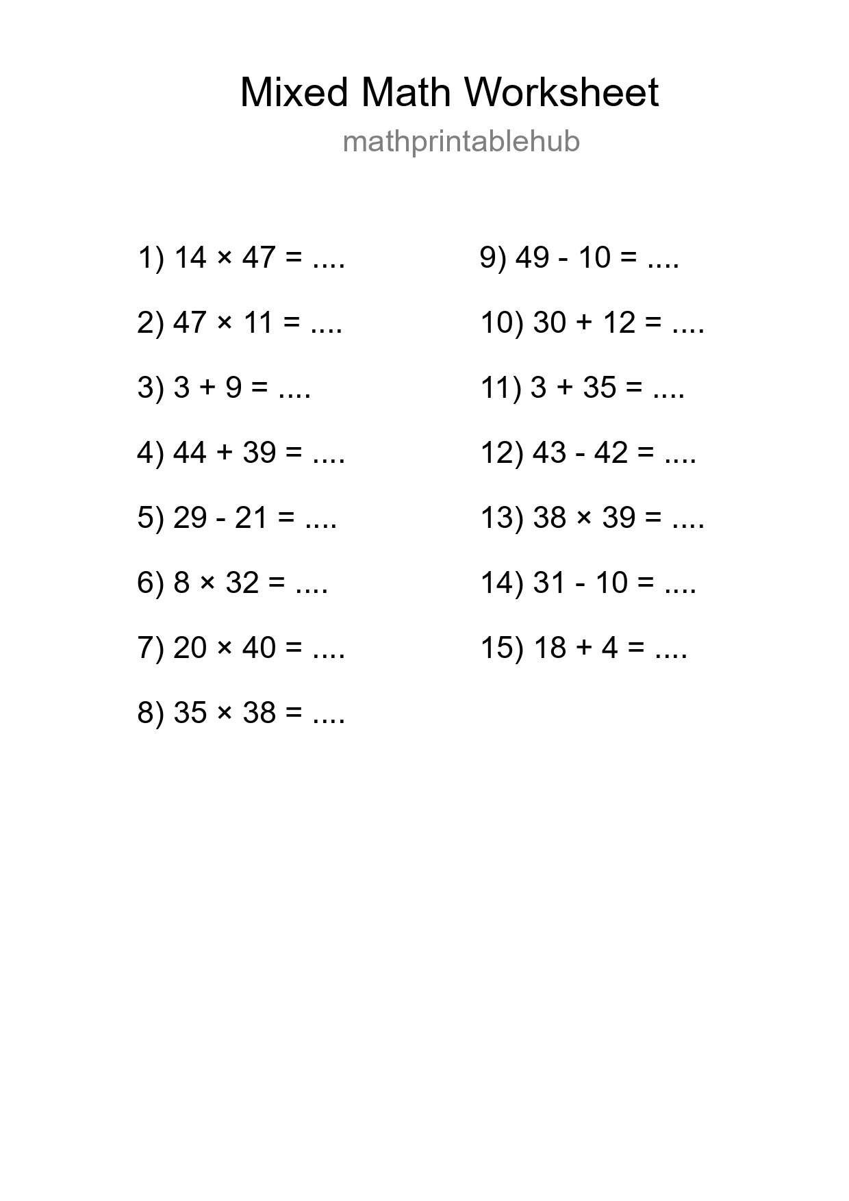 Printable Mixed Operations Worksheet for Grade 3