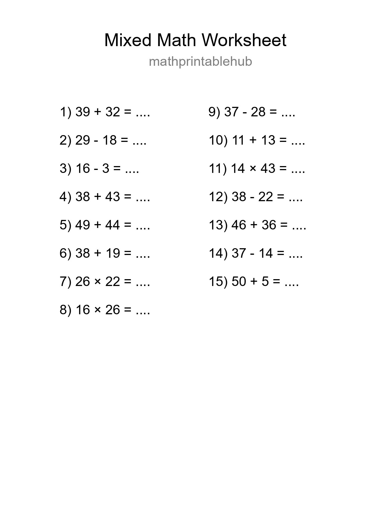 Printable Mixed Operations Worksheet for Grade 3