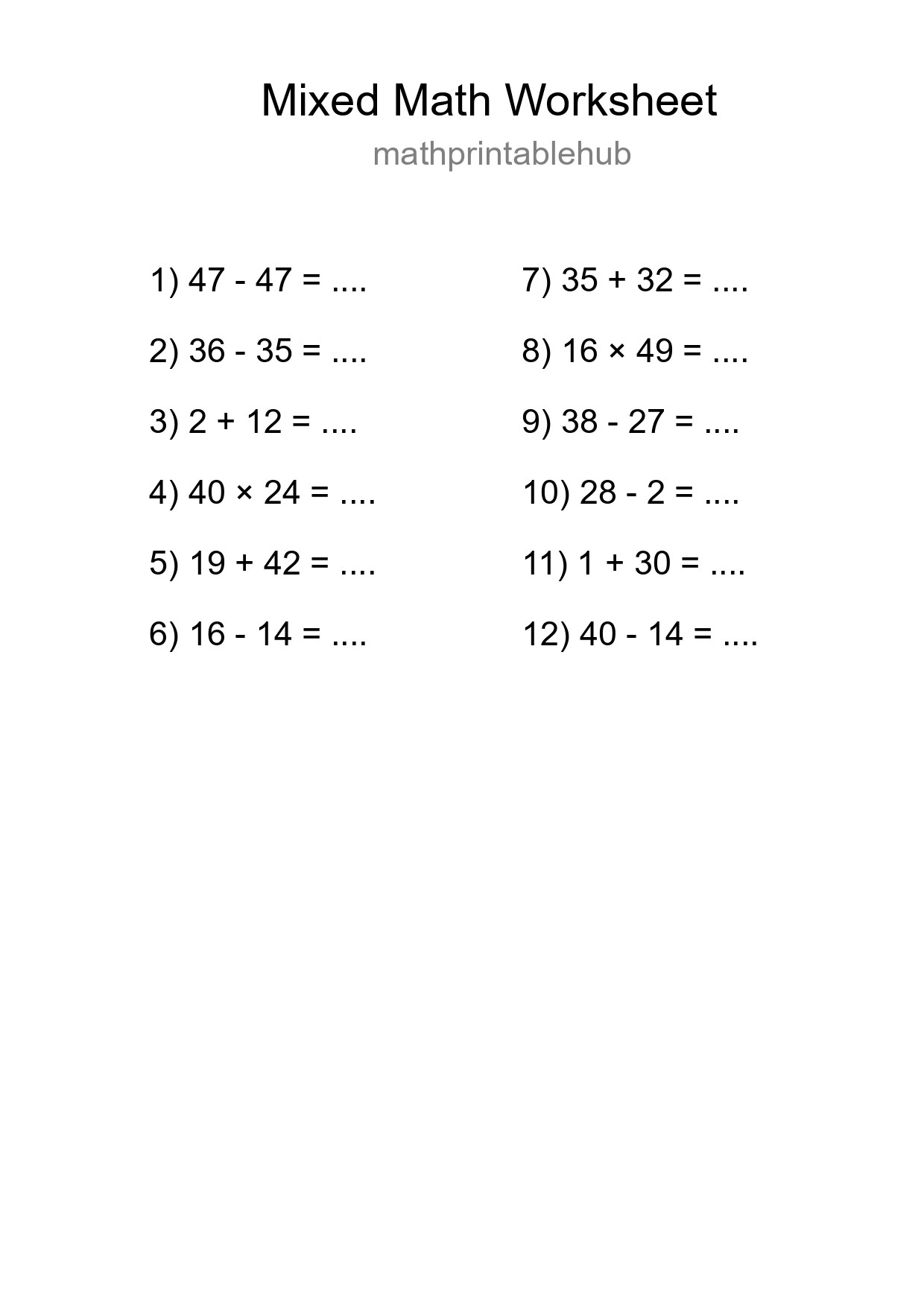 Printable Mixed Operations Worksheet for Grade 3