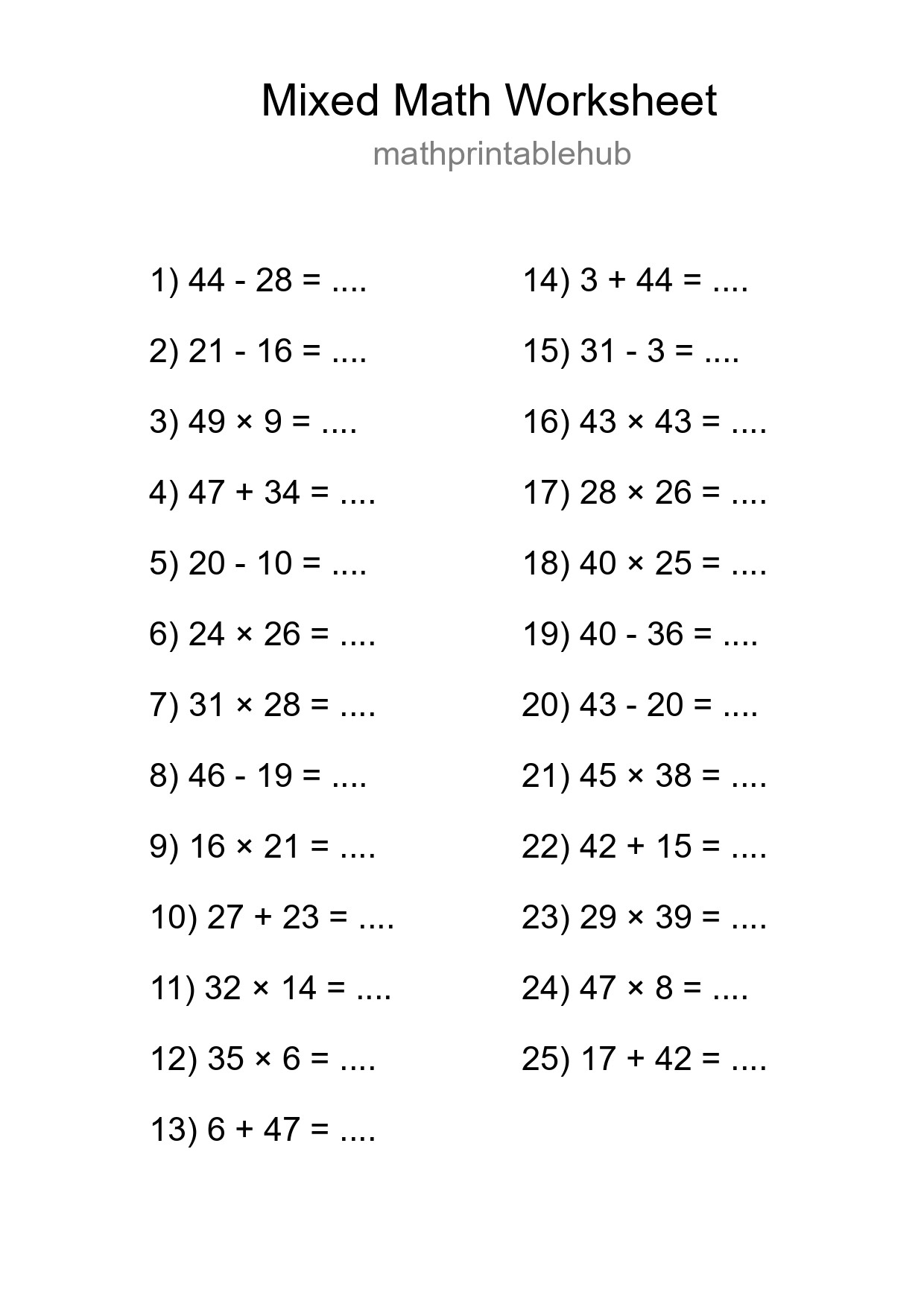 Printable Mixed Operations Worksheet for Grade 3