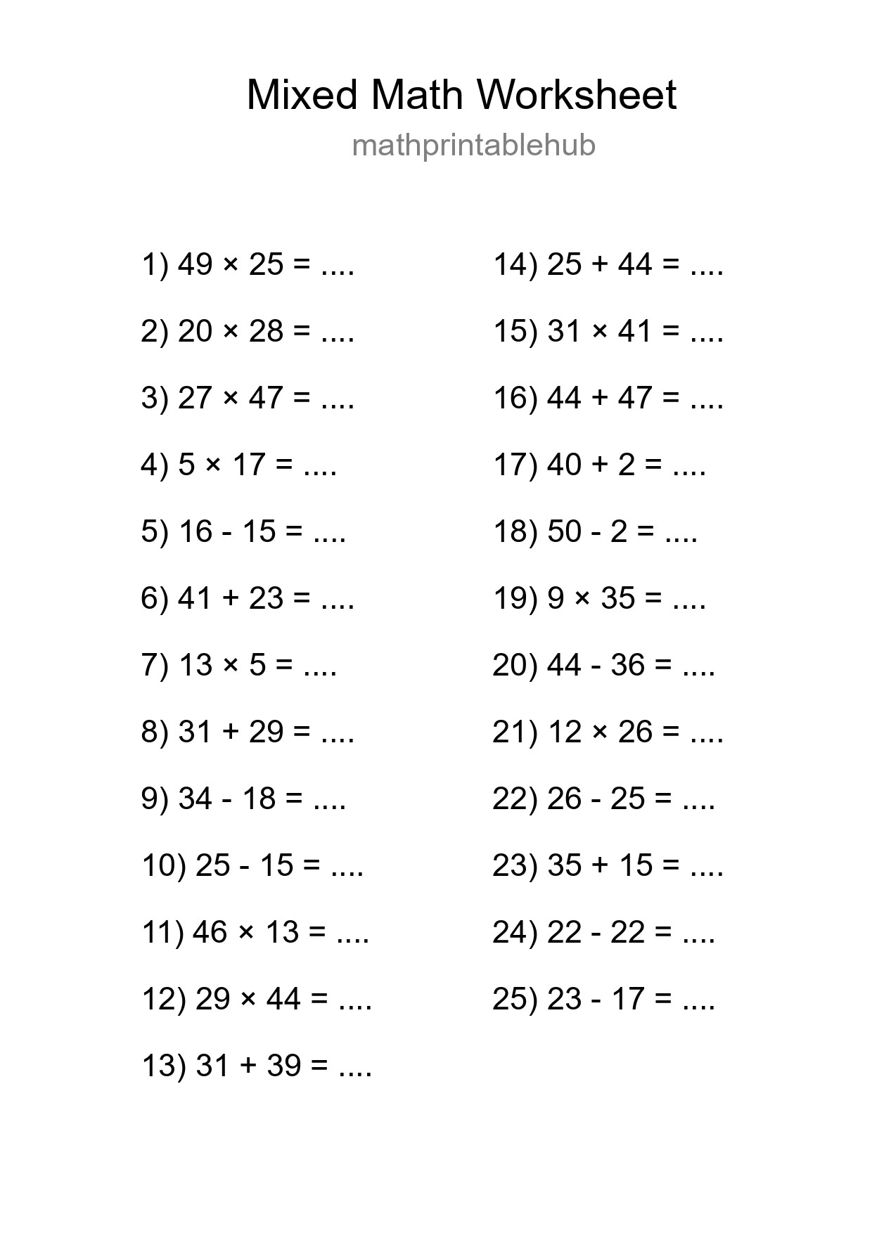 Printable Mixed Operations Worksheet for Grade 3