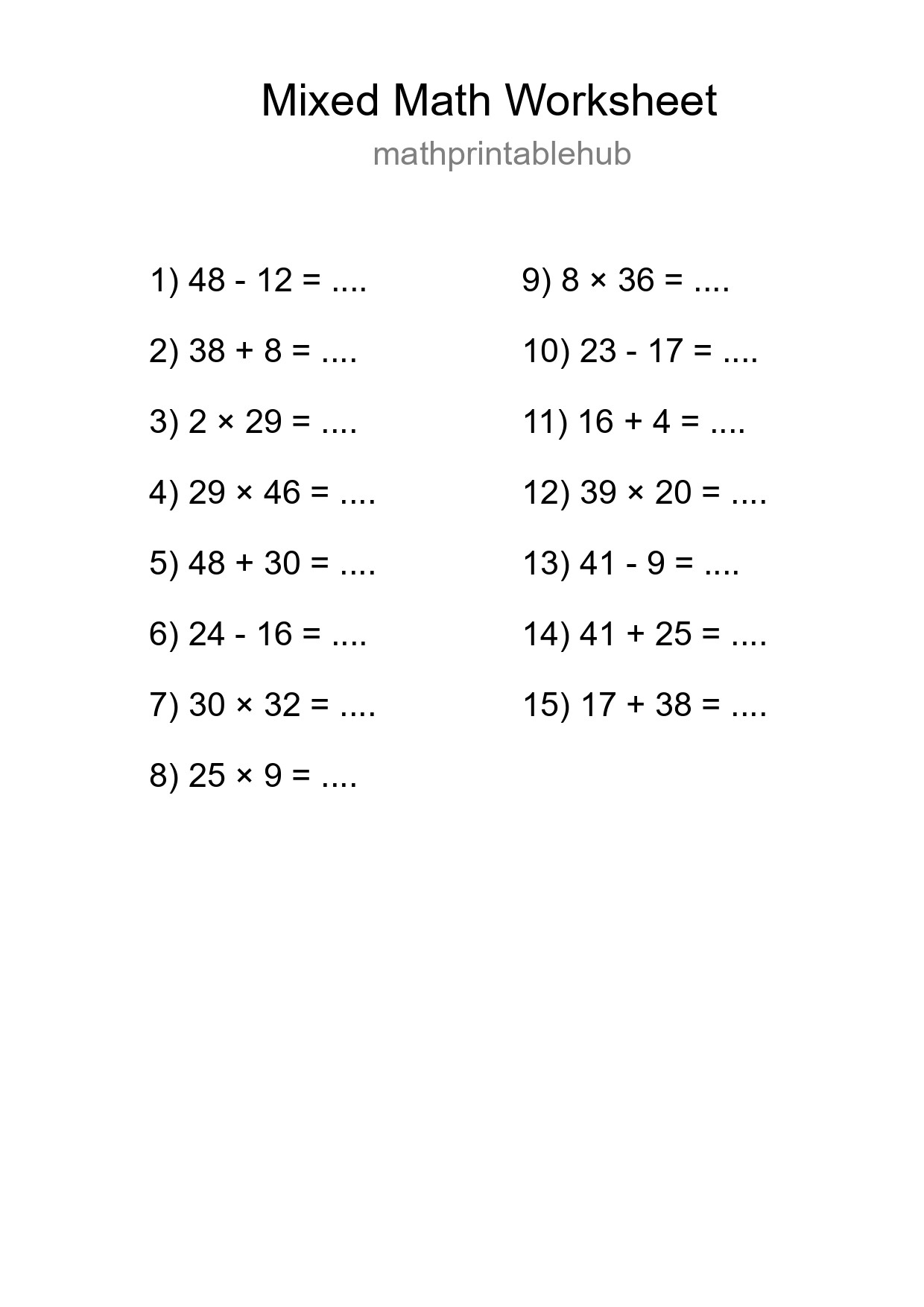 Mixed Operations Math Worksheet