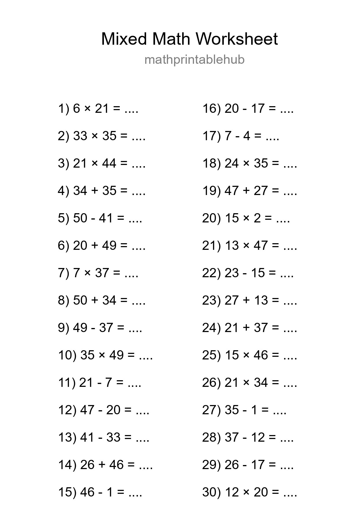 Printable Mixed Operations Worksheet for Grade 3