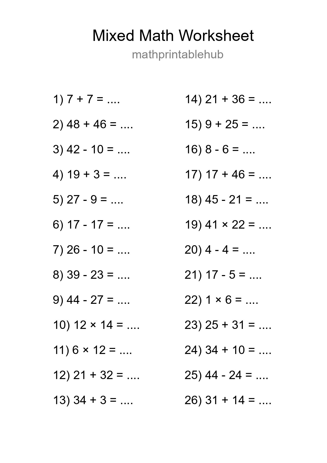 Printable Mixed Operations Worksheet for Grade 3
