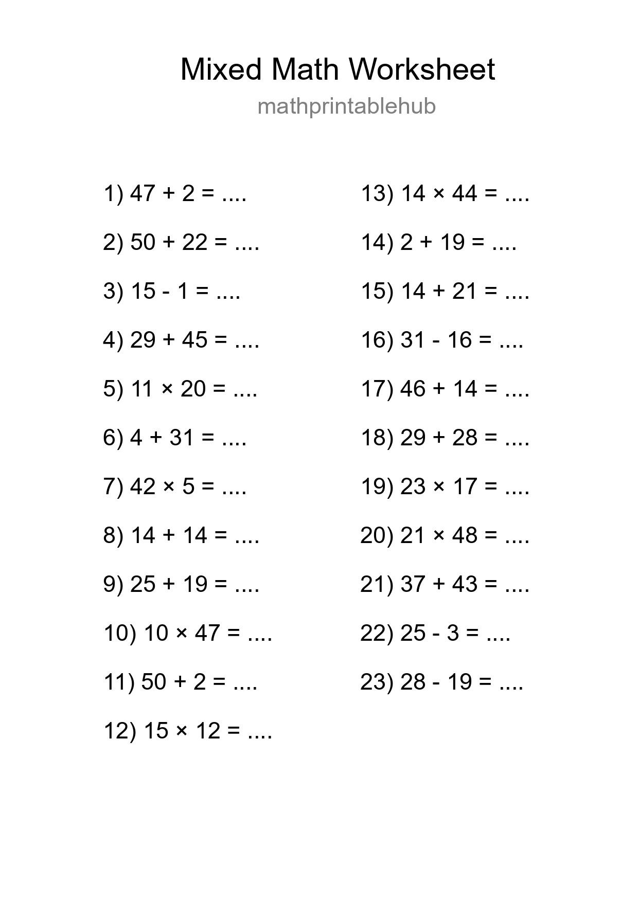 Printable Mixed Operations Worksheet for Grade 3