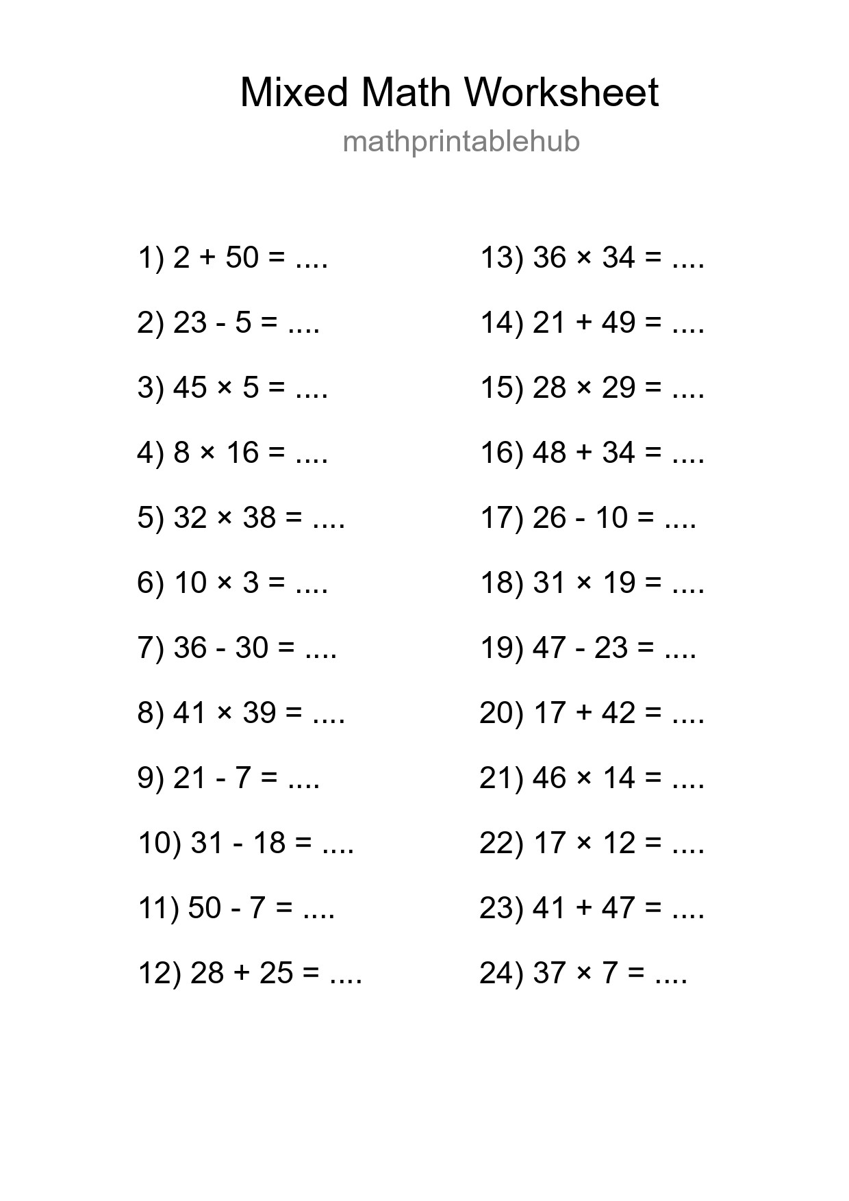 Mixed Operations Math Worksheet