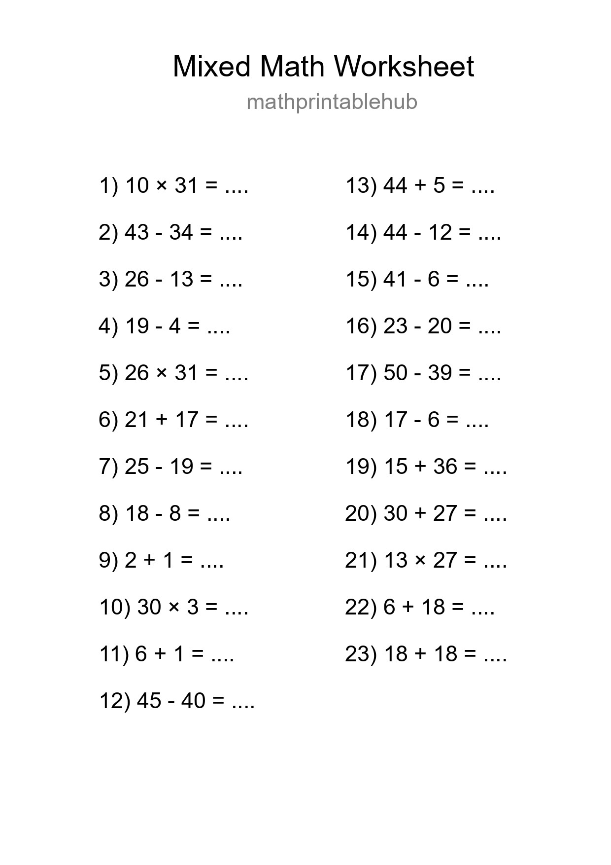 Printable Mixed Operations Worksheet for Grade 3