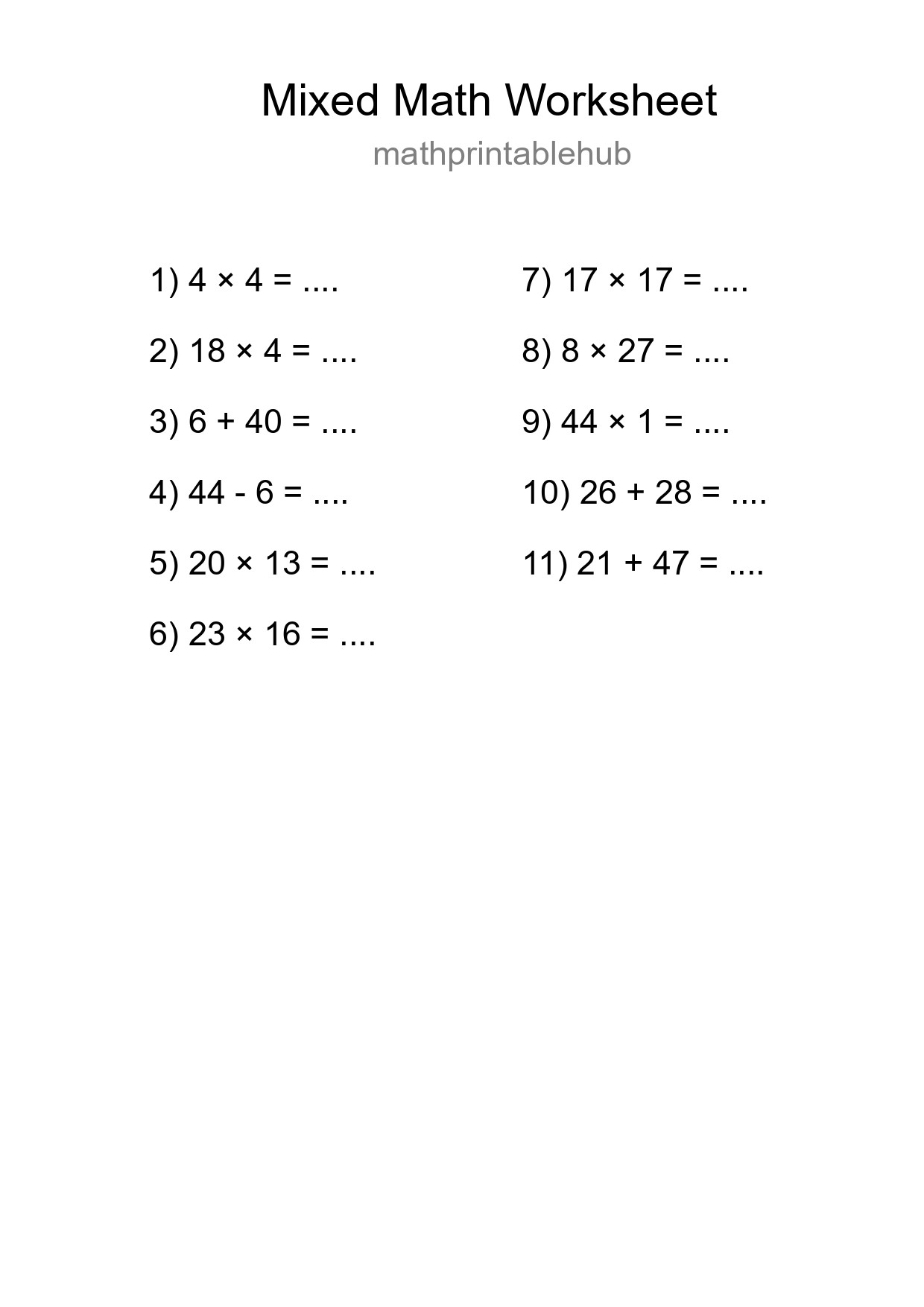 Printable Mixed Operations Worksheet for Grade 3