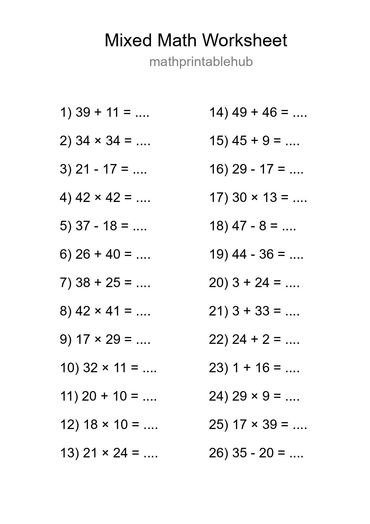 Printable Mixed Operations Worksheet for Grade 3