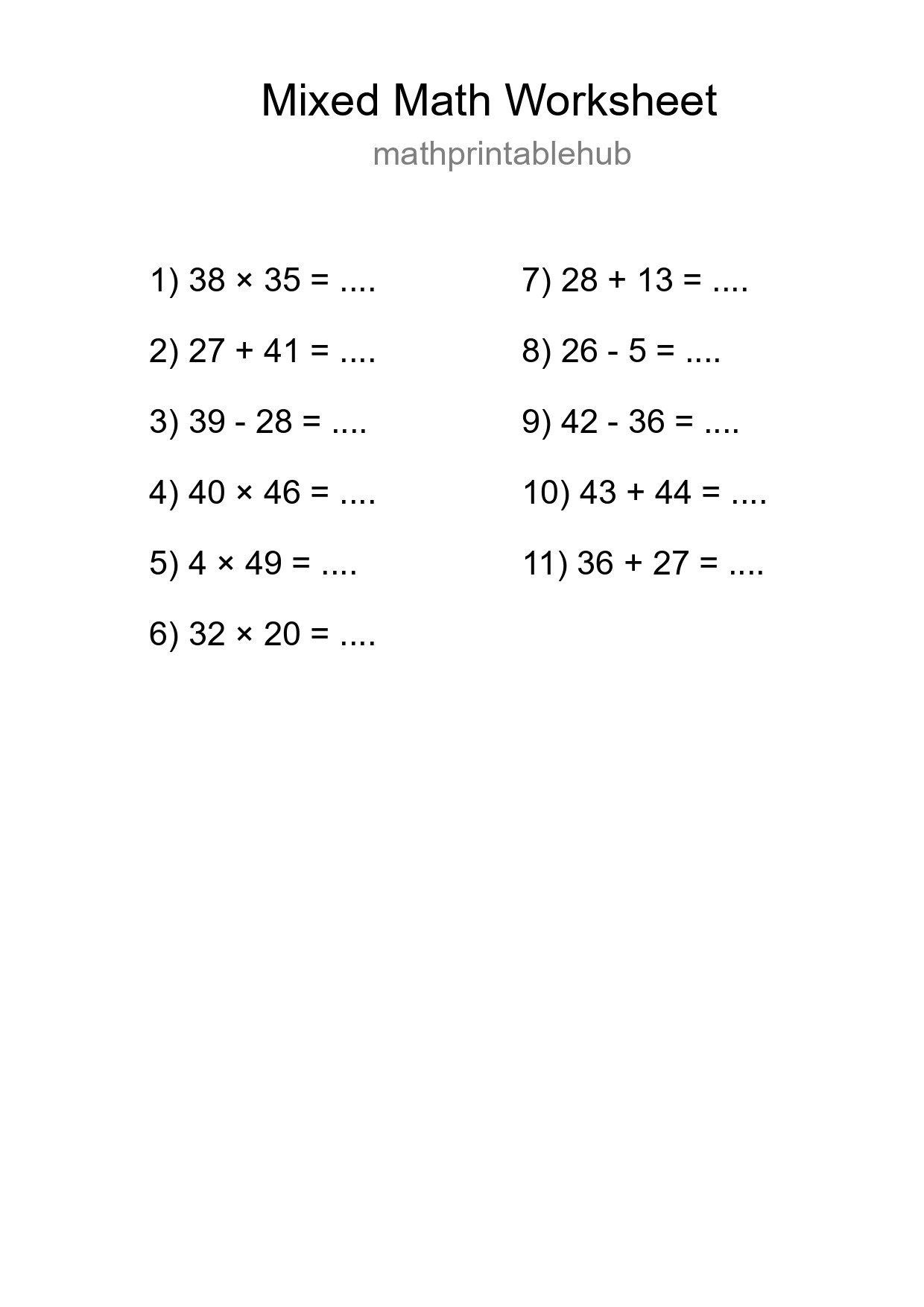 Printable Mixed Operations Worksheet for Grade 3