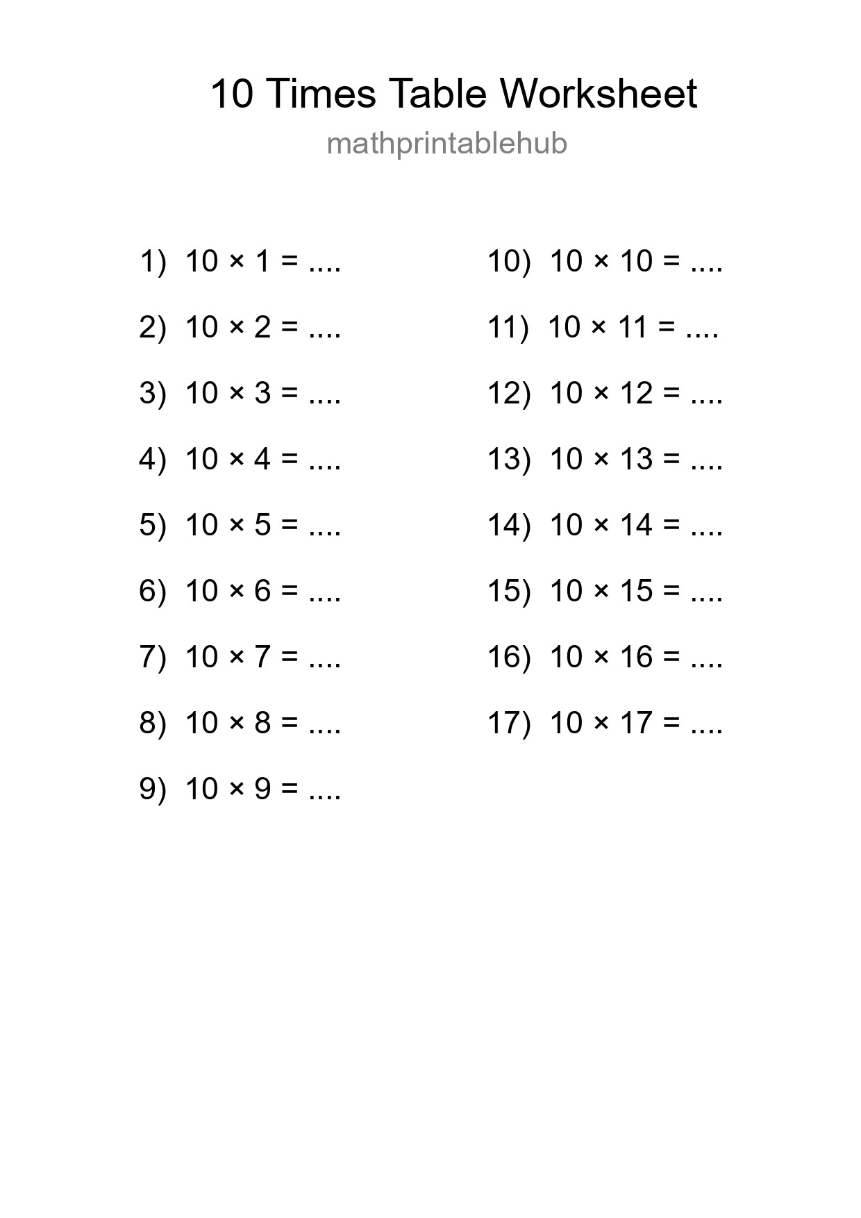 Printable 10 Times Table Worksheet For Grade 3 - Part 59