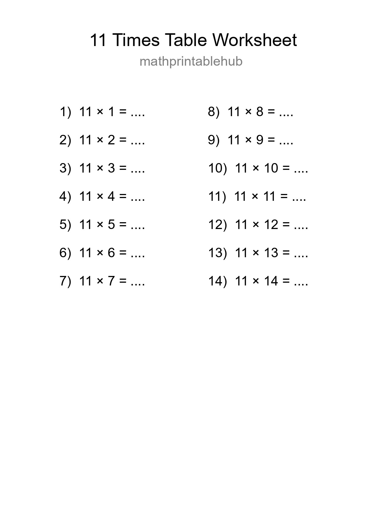 Printable Times Table Worksheet for Grade 4
