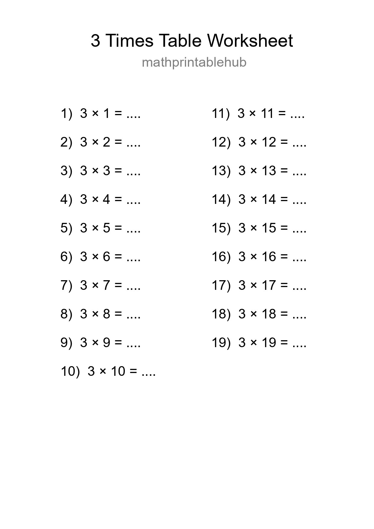 Printable Times Table Worksheet for Grade 2