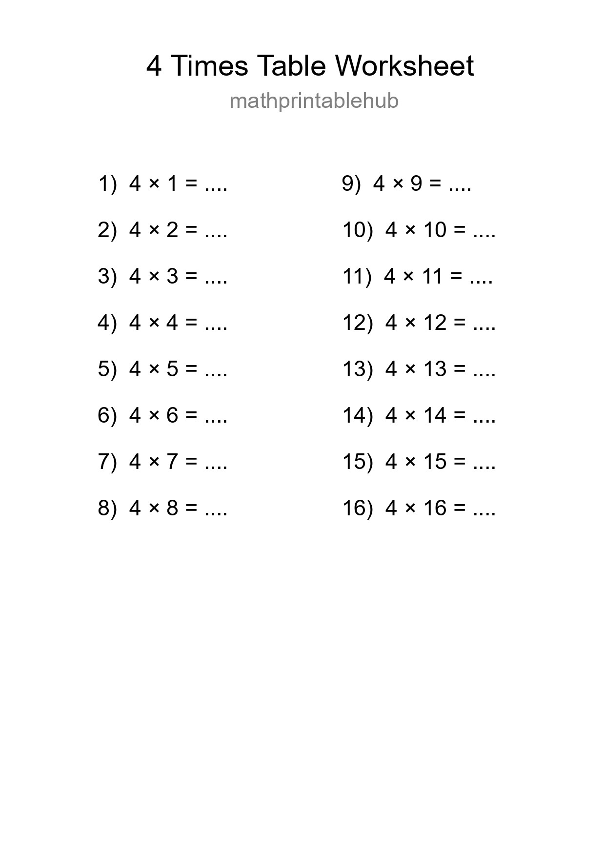 Printable 4 Times Table Worksheet For Grade 2 - Part 99